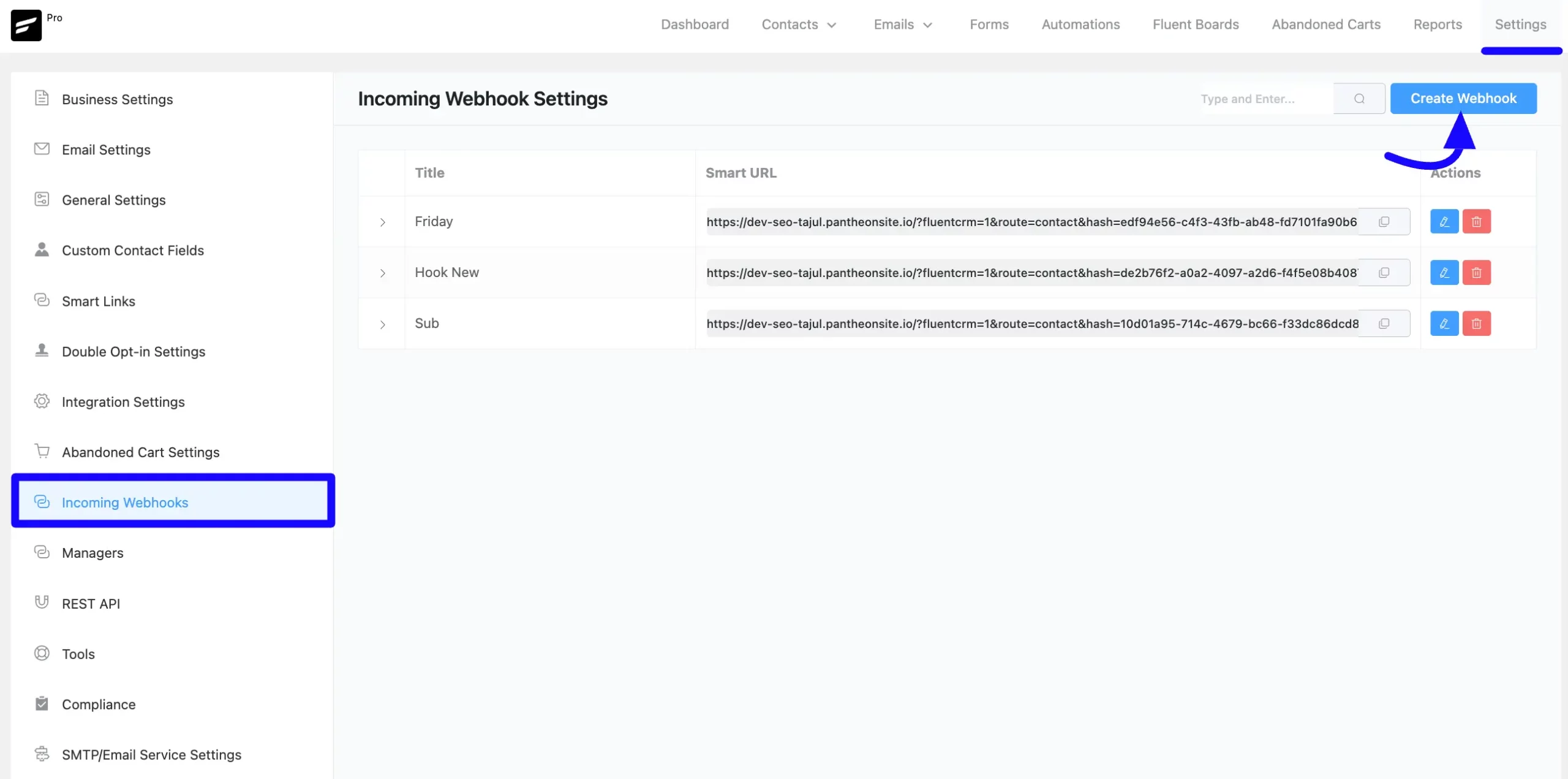 Webhook Settings FluentCRM