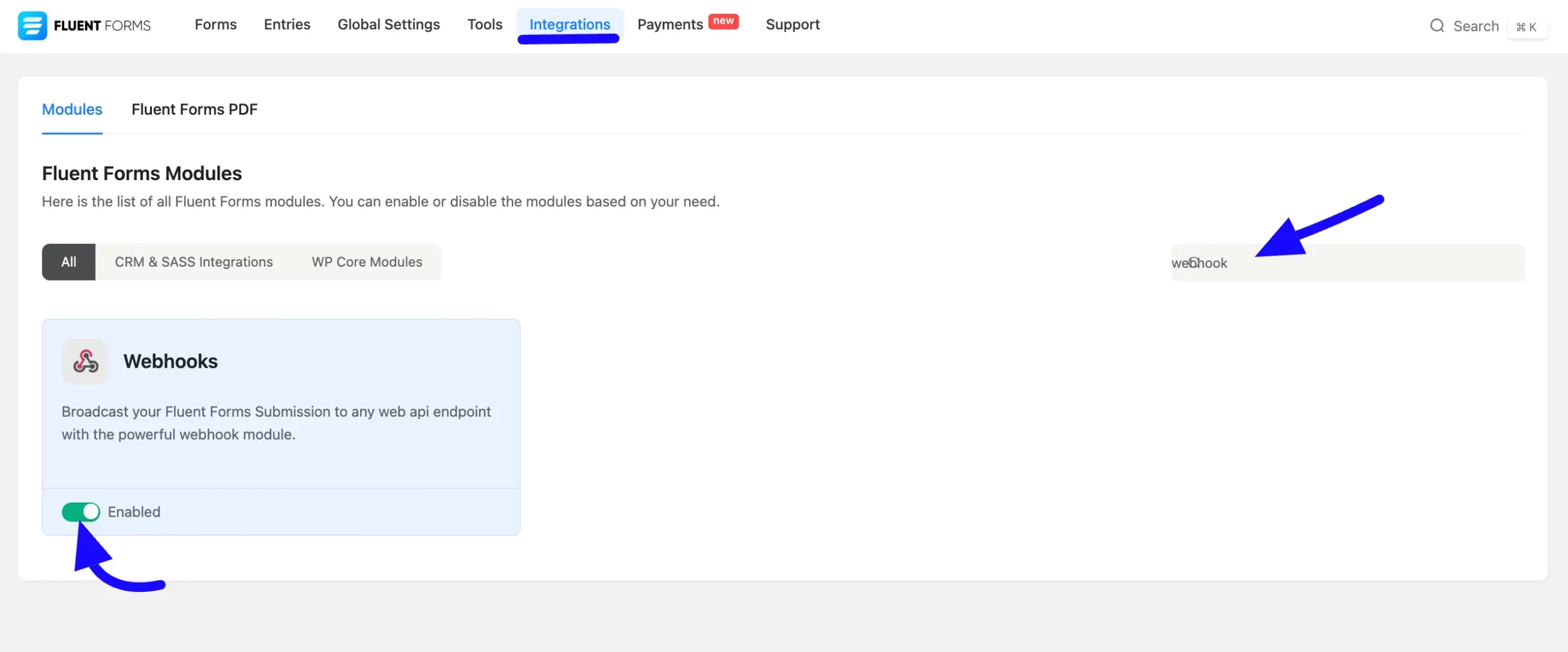 Enable Webhook Module Connecting Fluent Forms from