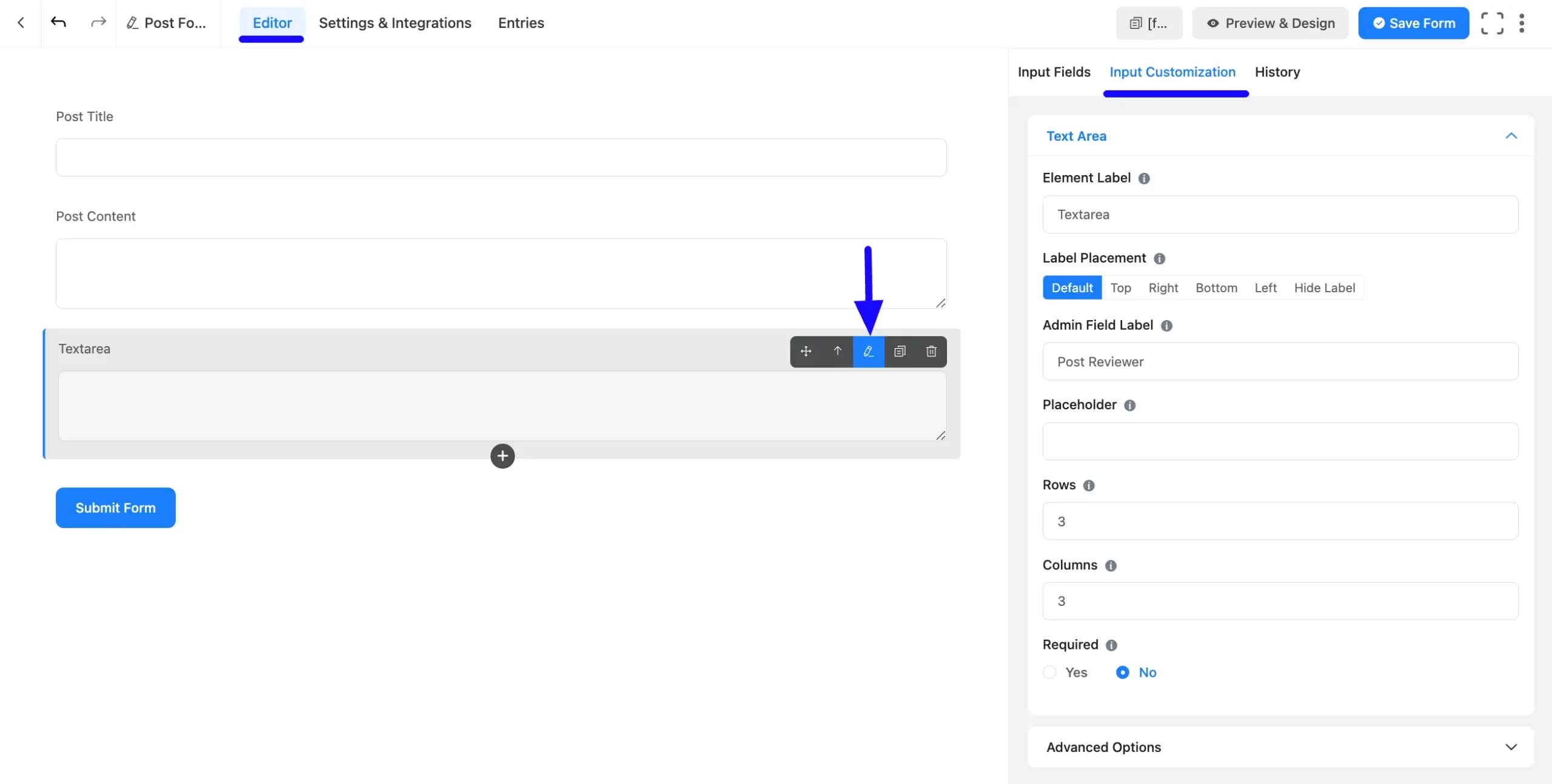 Input Customization Option Textarea Field