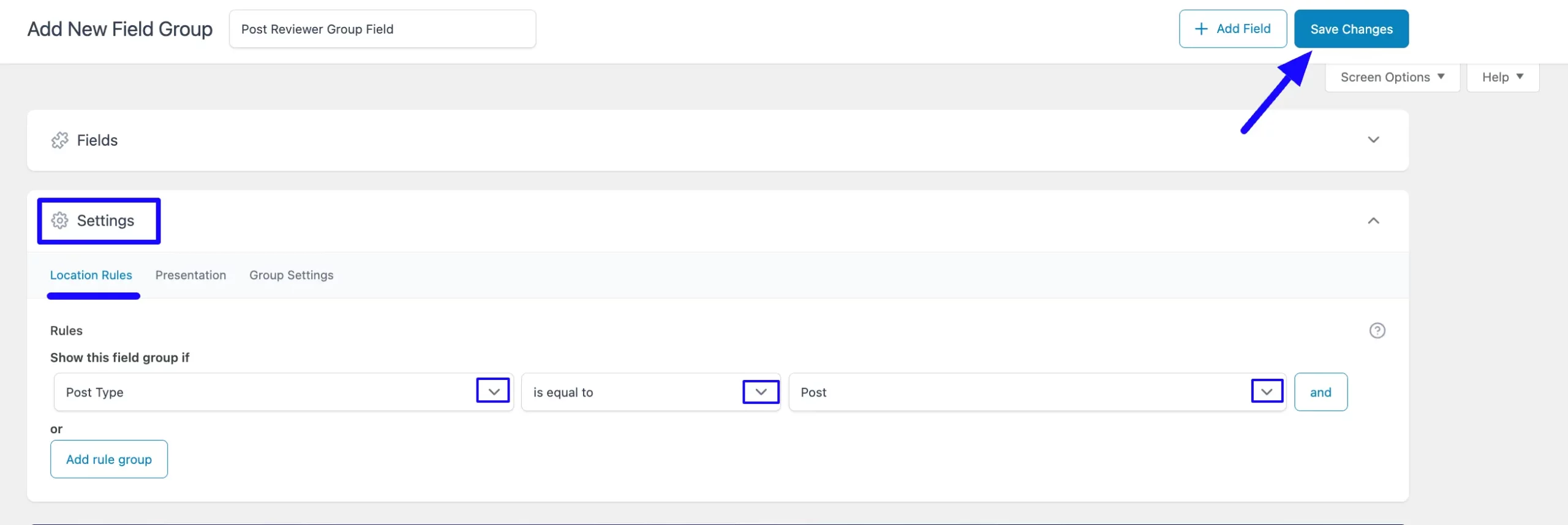 Settings Save Changes Use ACF to Add