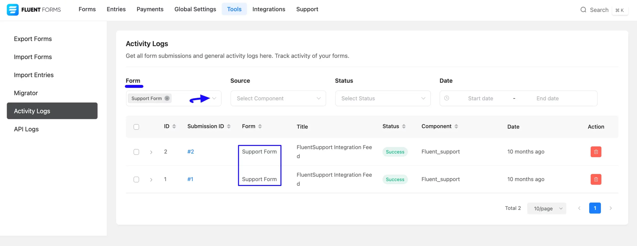 Filter Option Fluent Forms