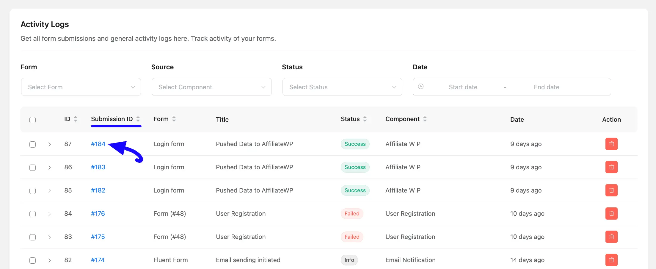 Click Submission ID Fluent Forms Activity Logs