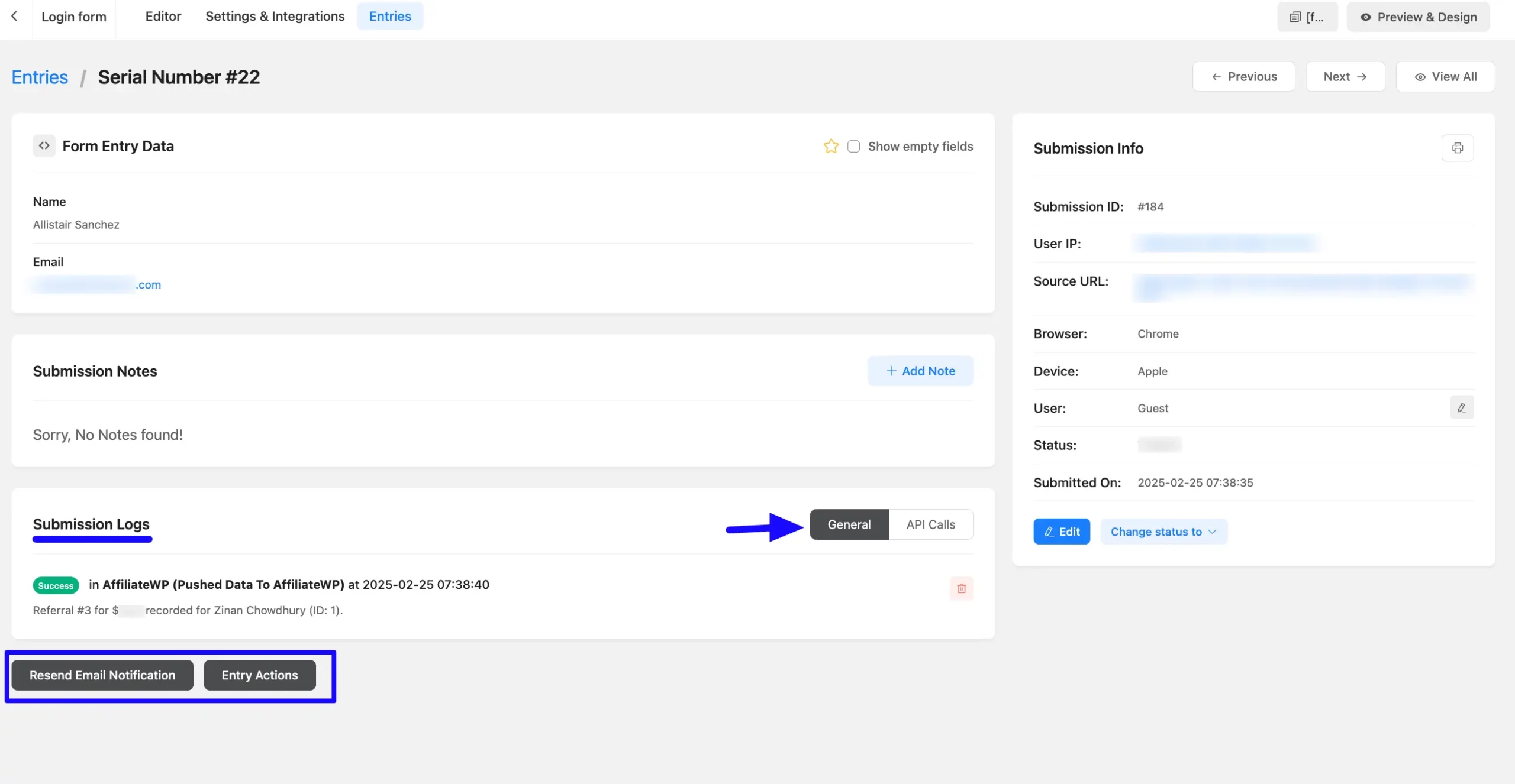 Detailed Entry Info Log