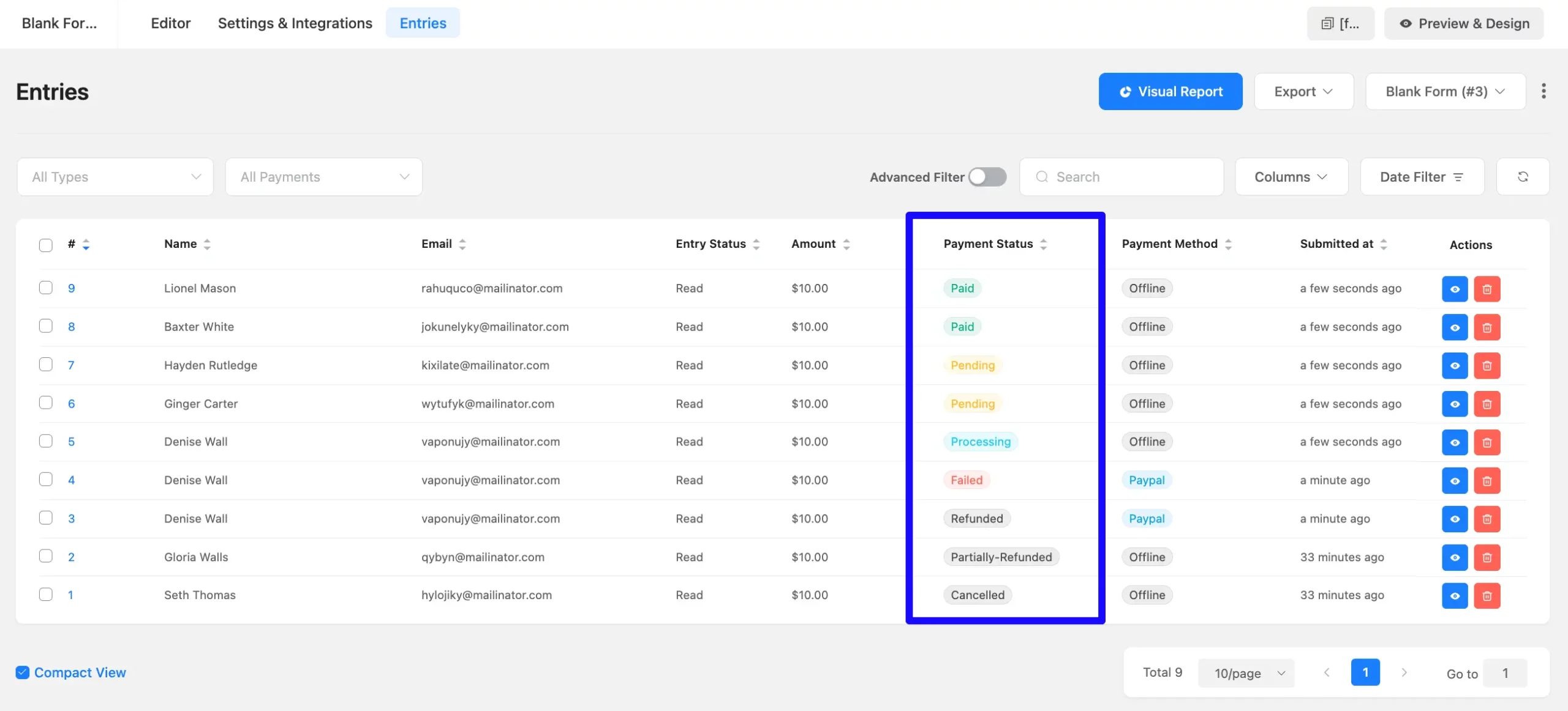 Payment Status Fluent Forms