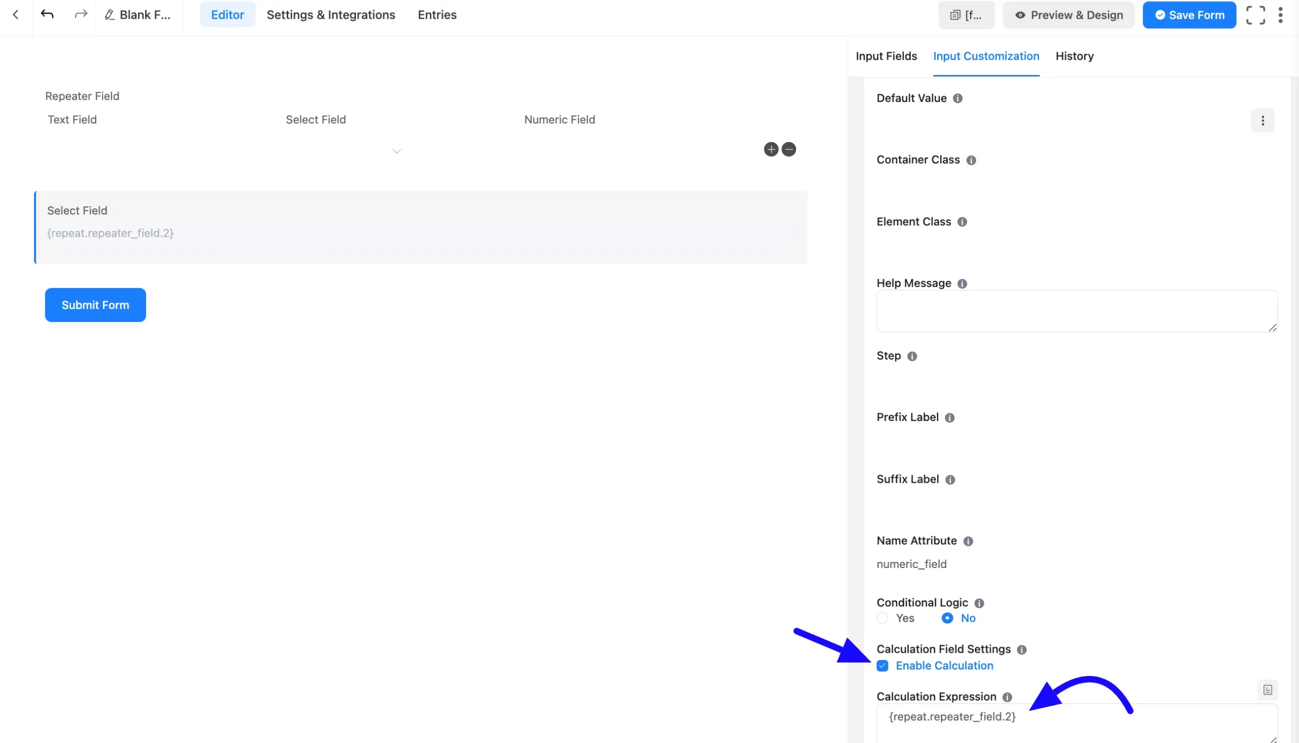 Calculation Field Settings