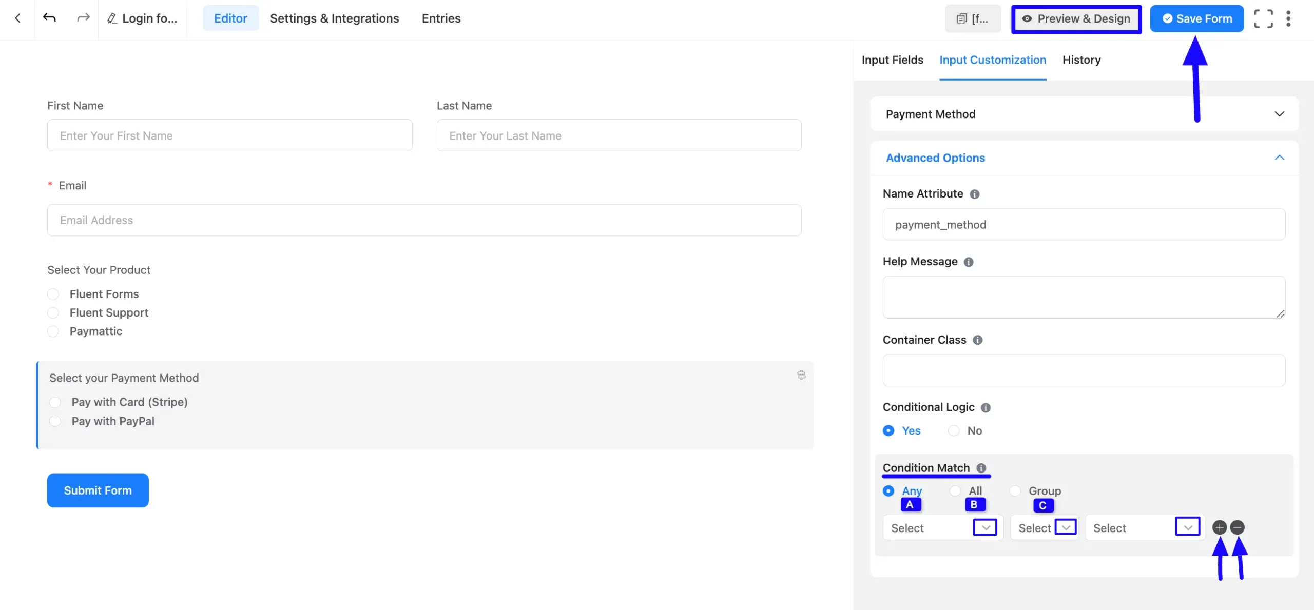 Conditional Match Fluent Forms