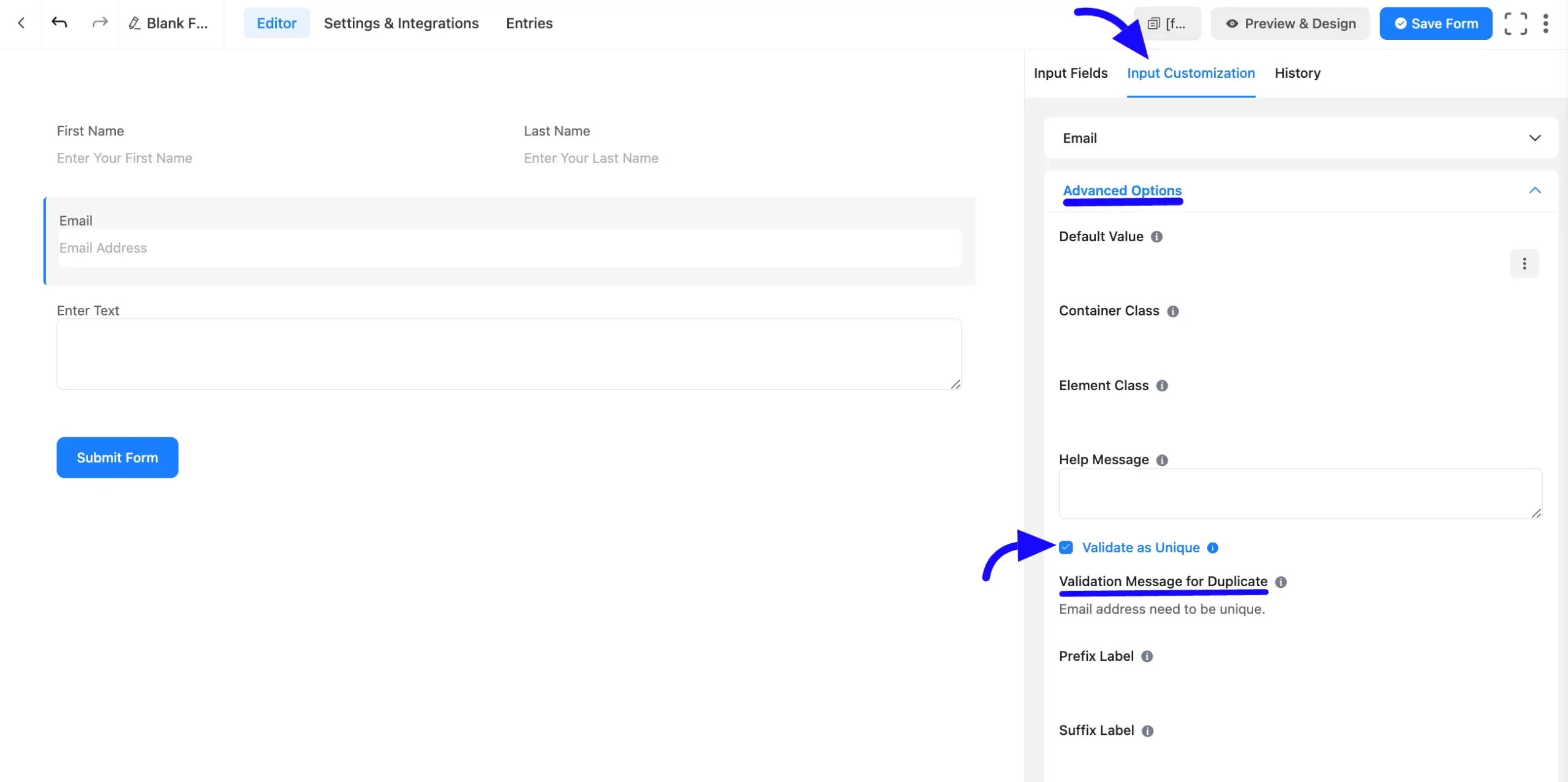 Unique Validation Fluent Forms