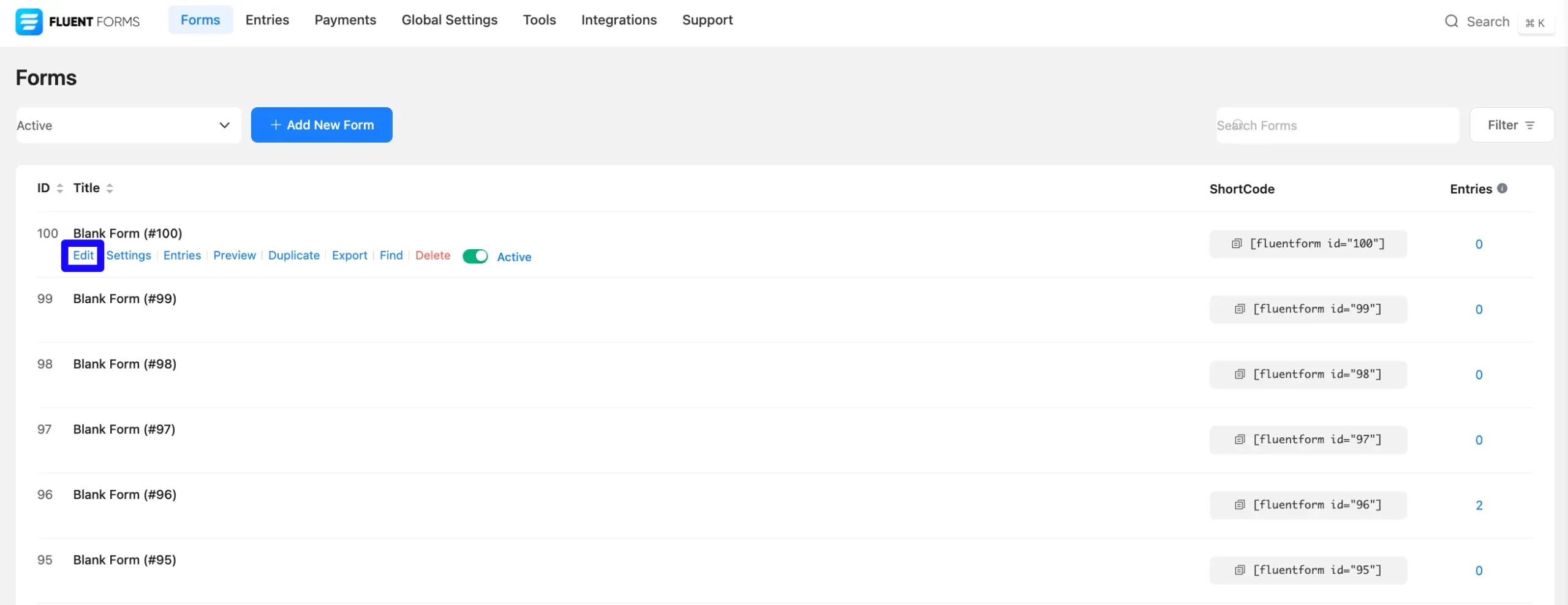 Fluent Forms form list
