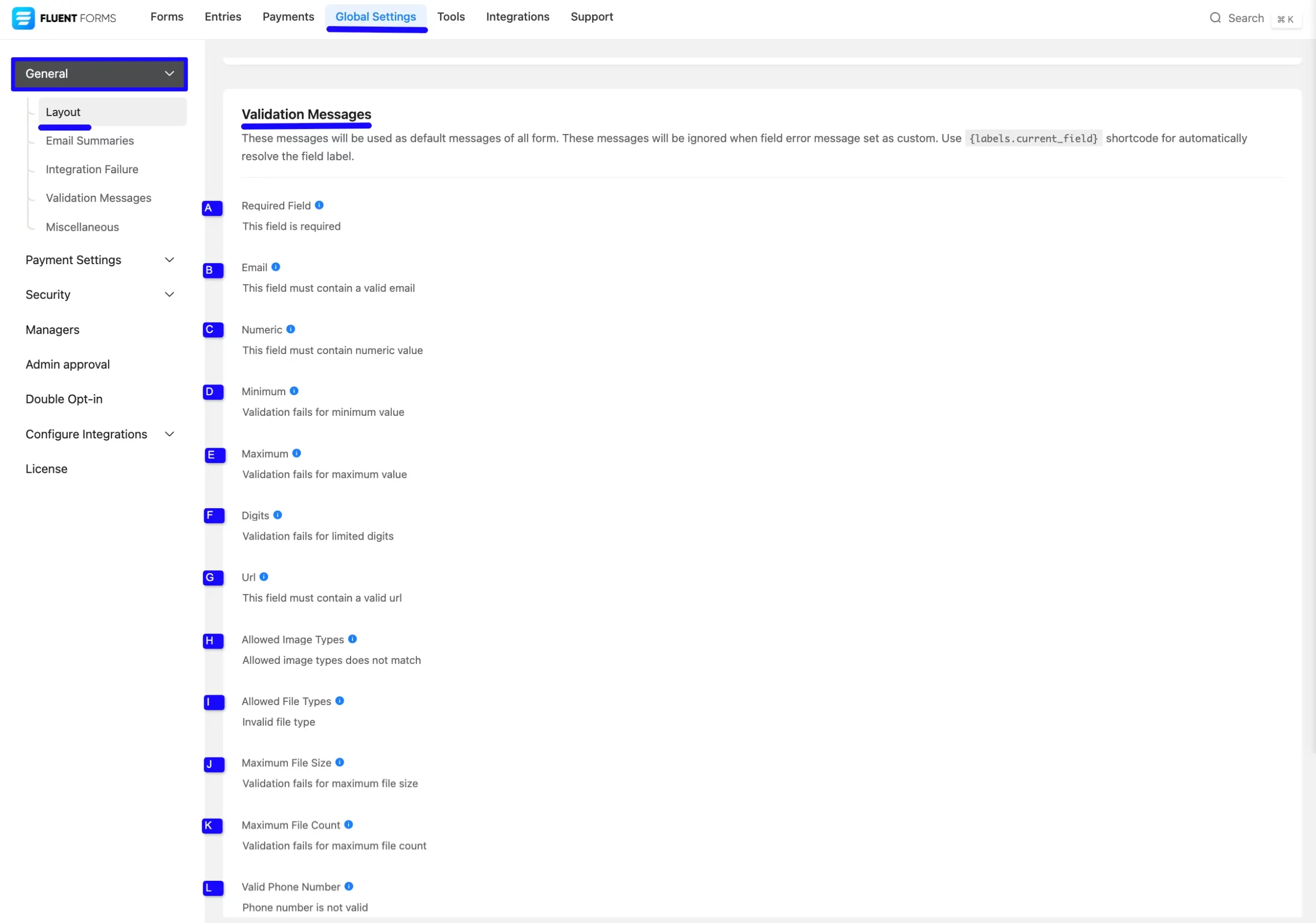 Validation messages settings