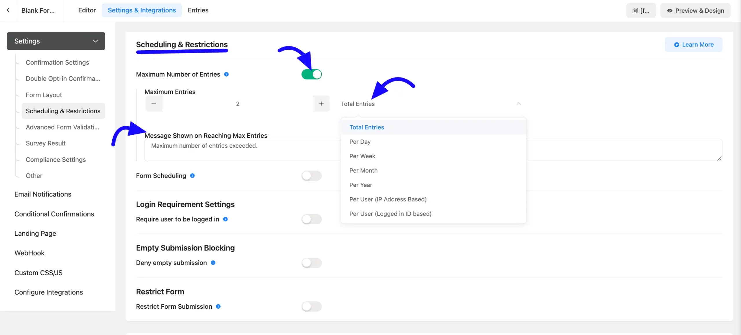 Form Restrictions Feature step
