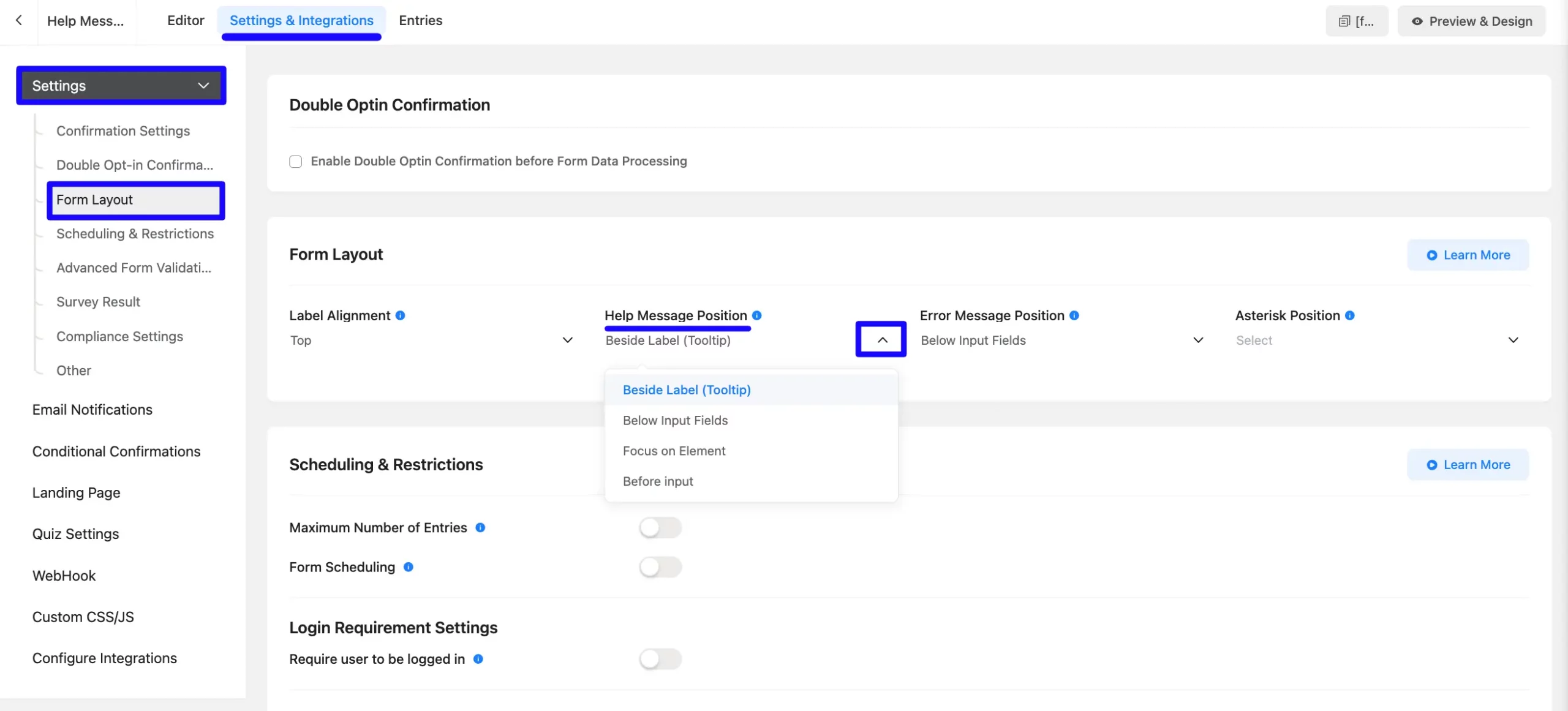 Help message position