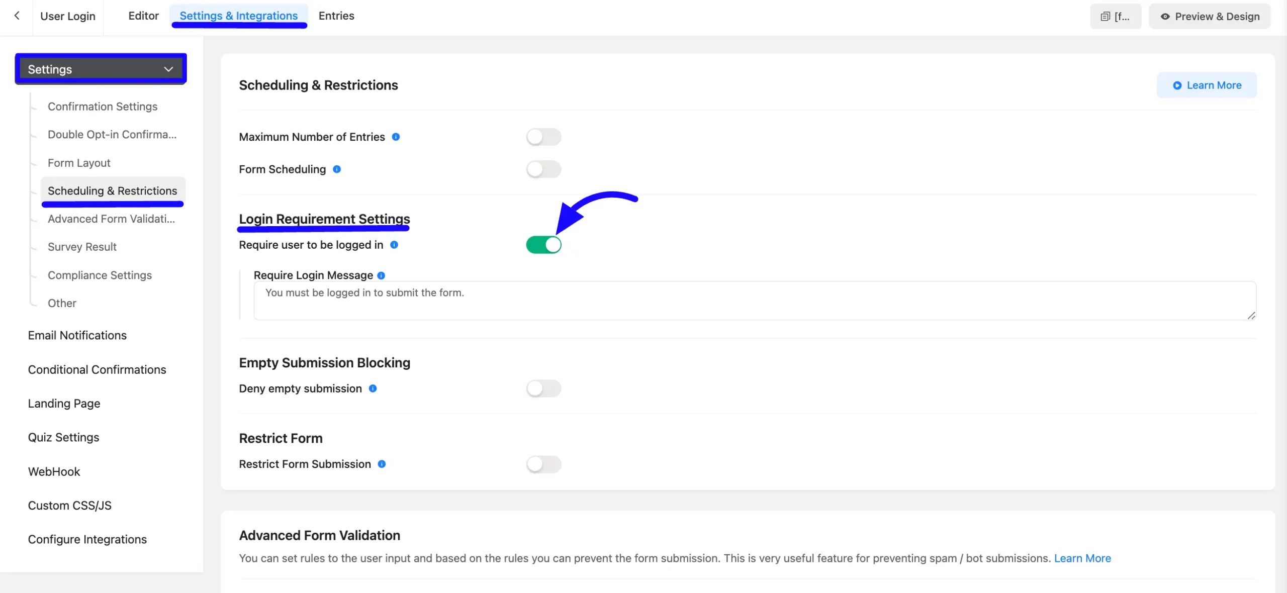 Login requirement toggle