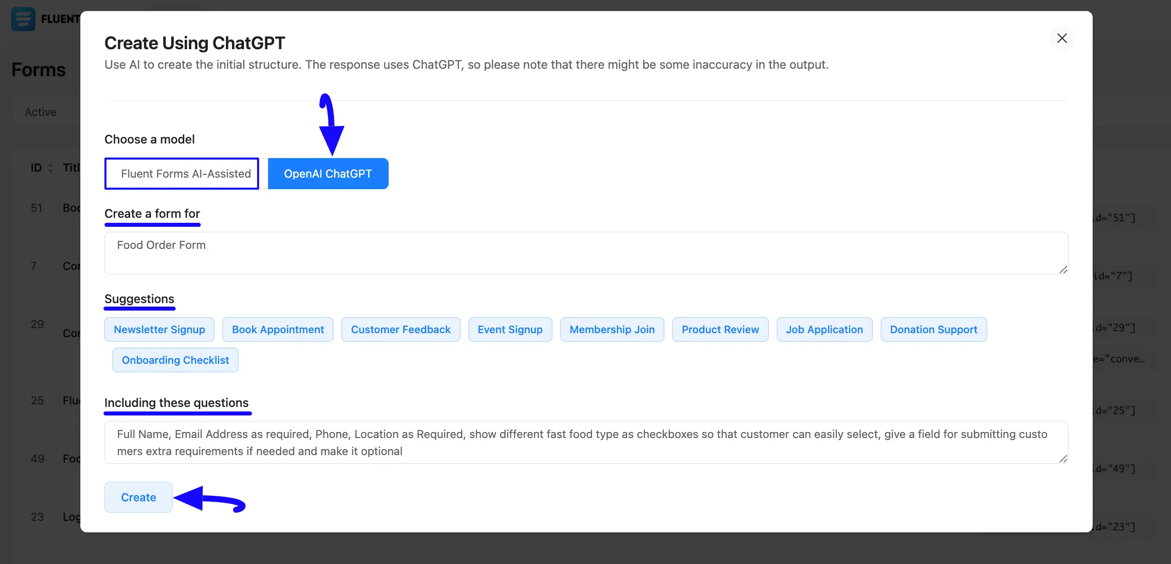 ChatGPT create form