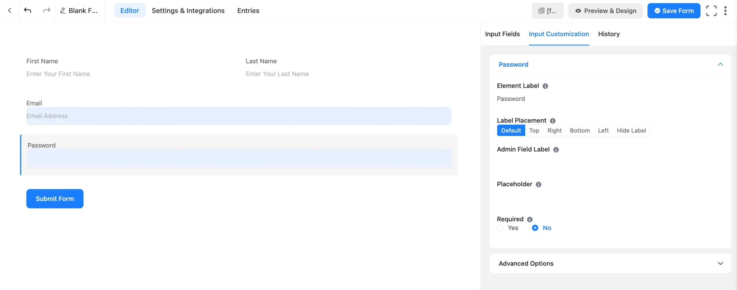 Registration fields
