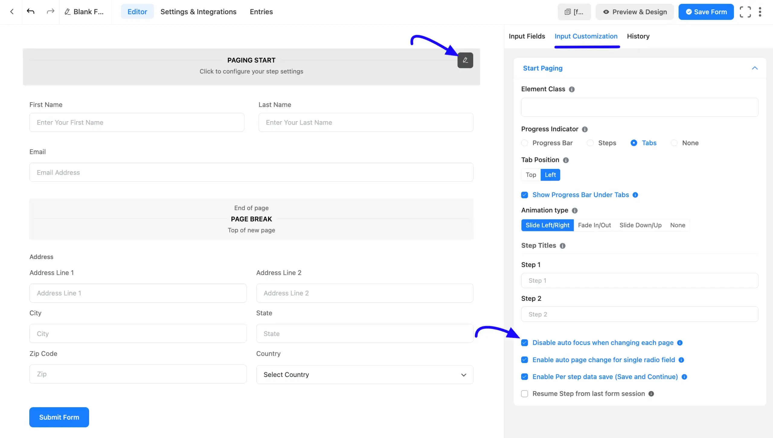 Paging Start settings