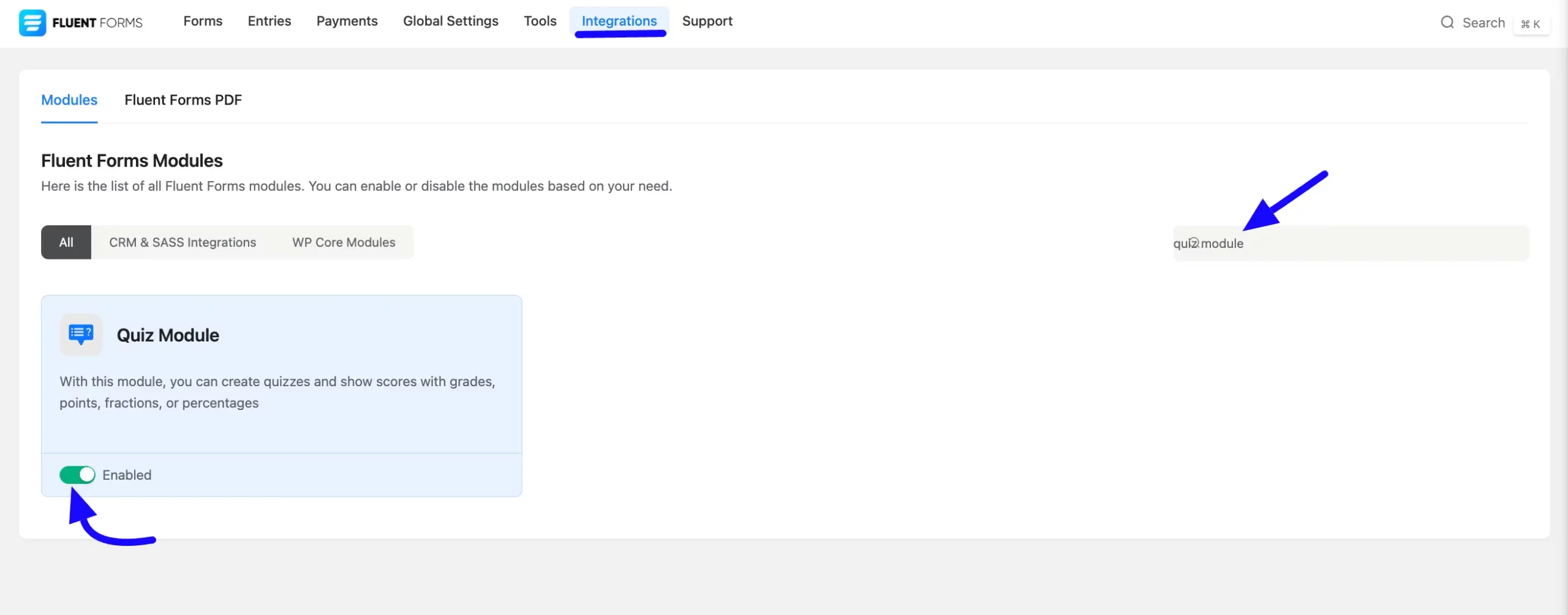 Enable quiz module