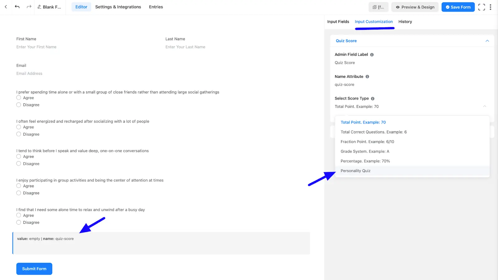 Quiz answer options