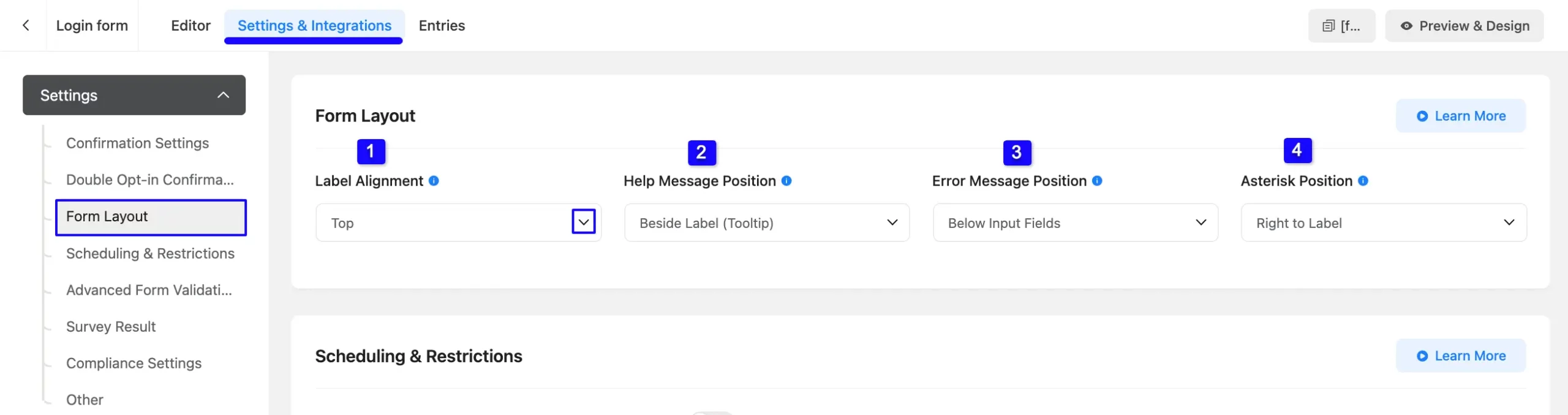Layout Settings Fluent Forms