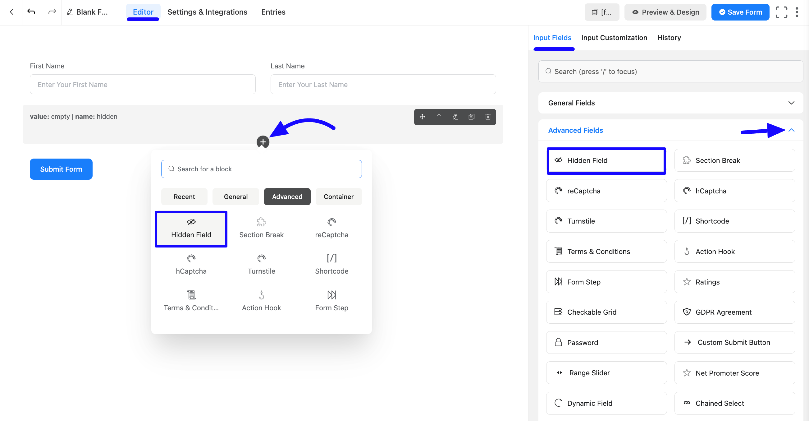 Hidden Input Field step