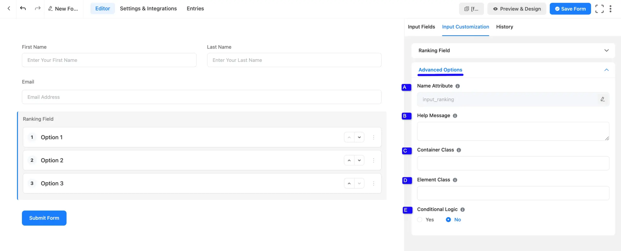 Ranking field advanced options
