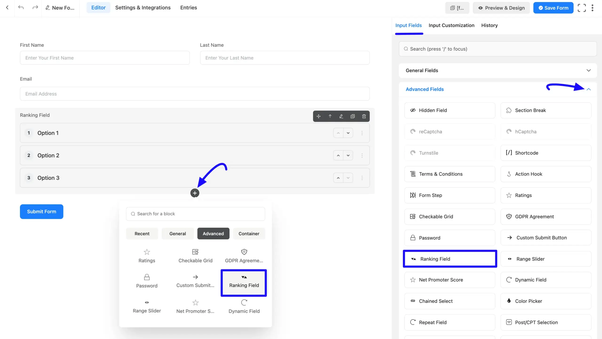 Add Ranking field to the form