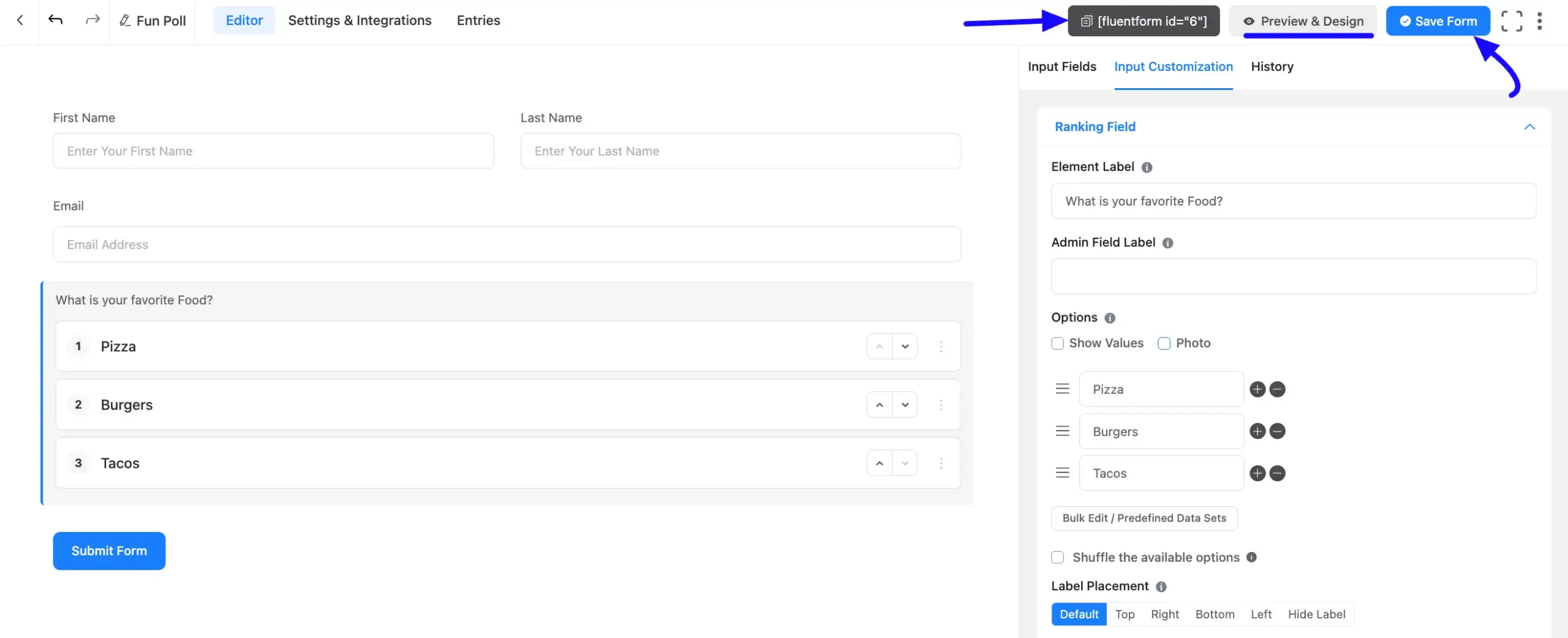 Save and embed the form