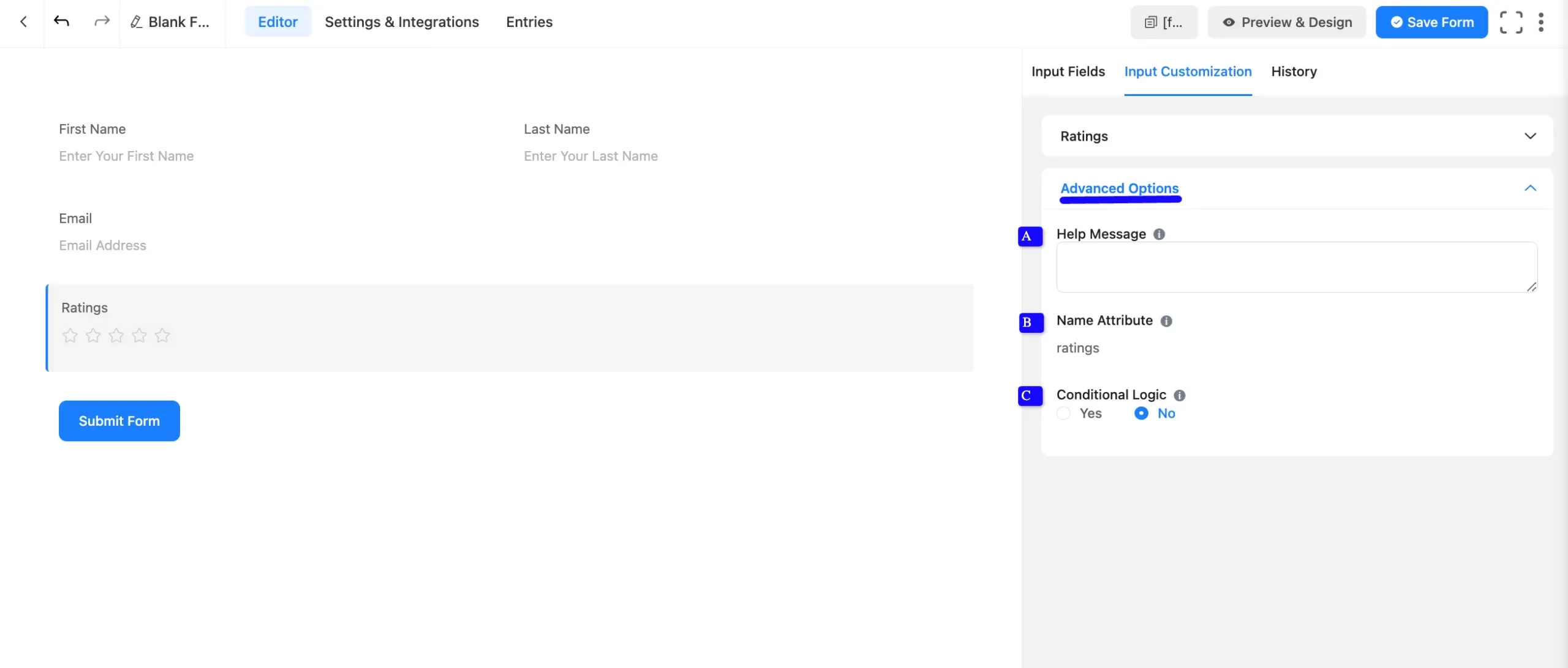 Ratings advanced options
