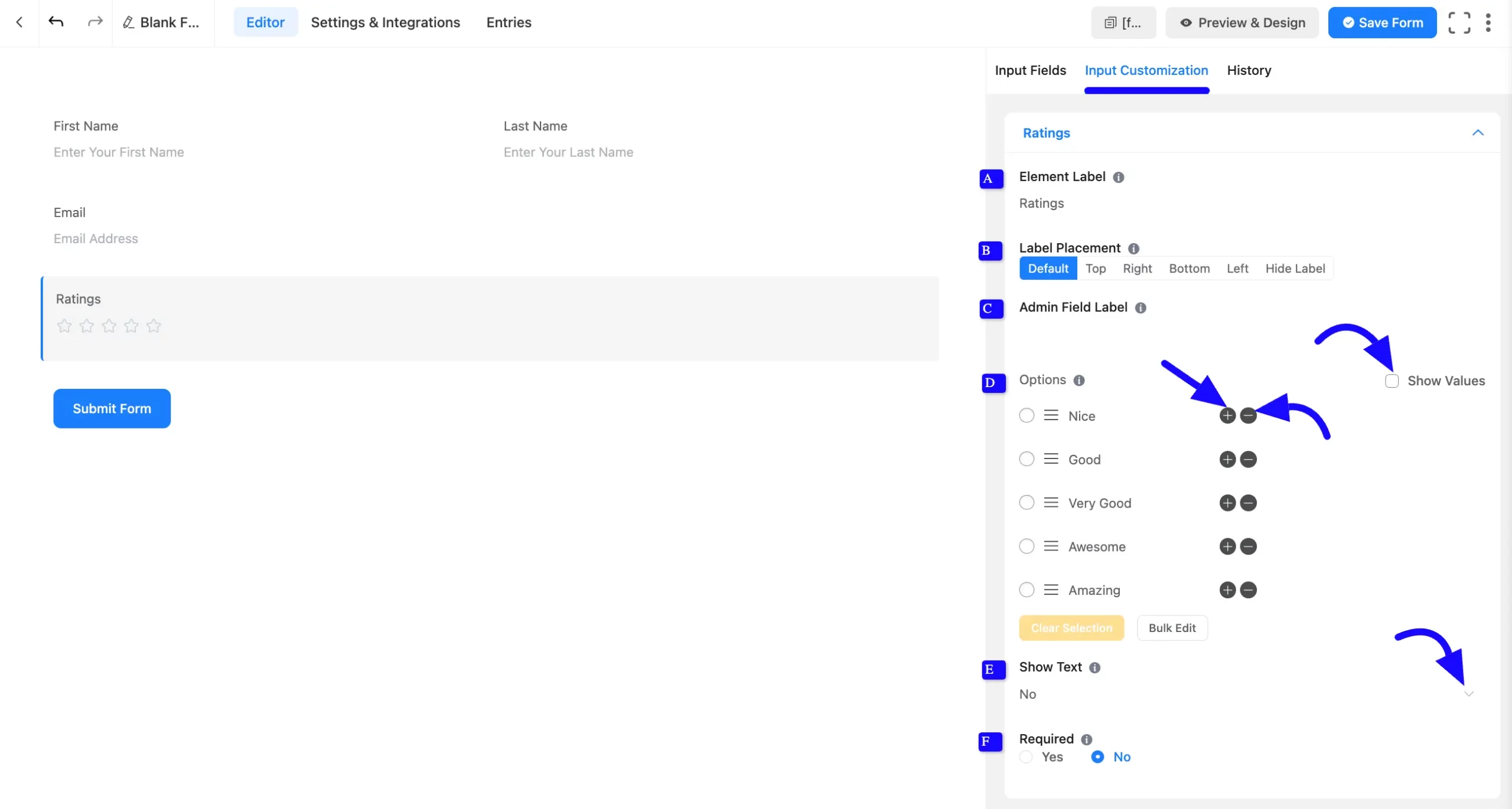 Ratings field basic options