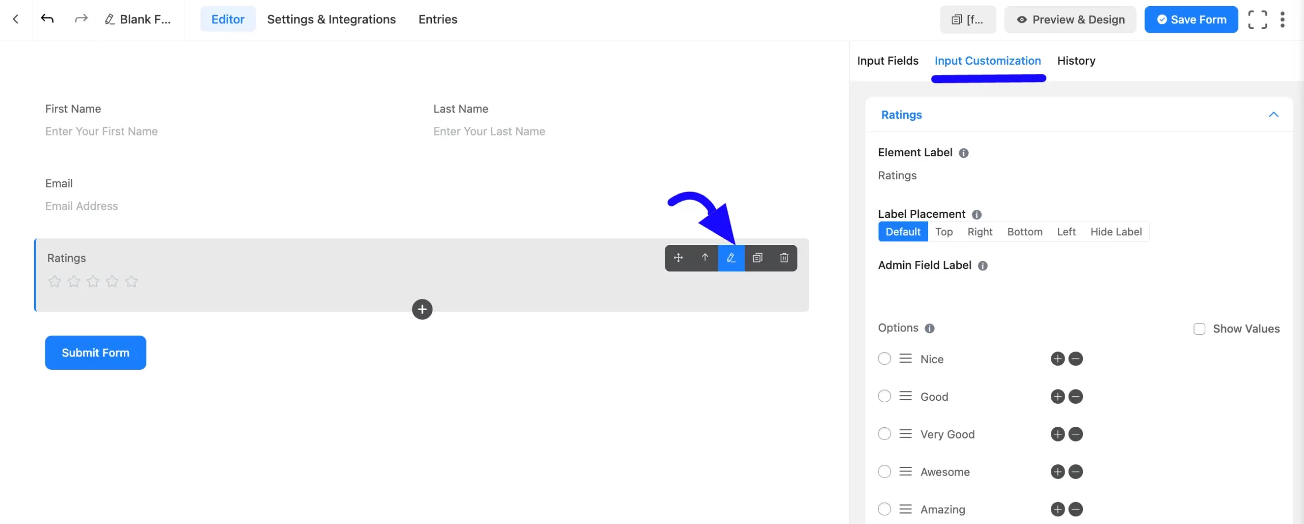 Ratings field customization panel