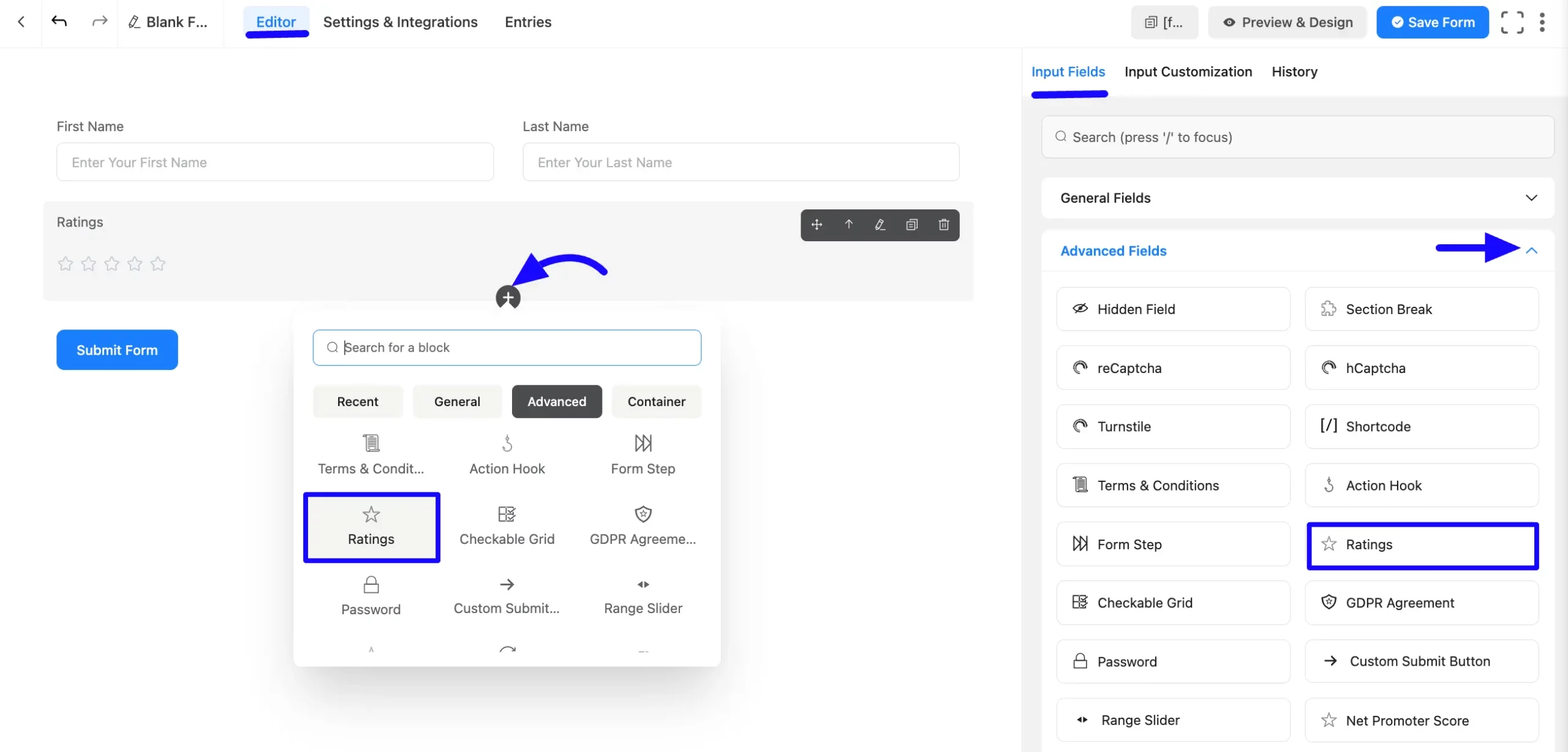 Add Ratings field to the form