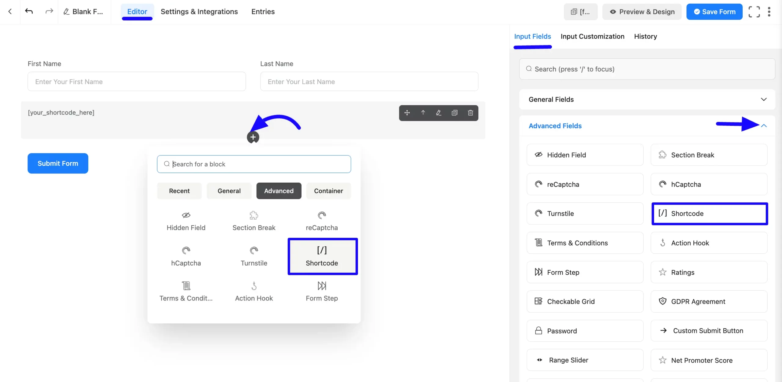 Shortcode Input Field step