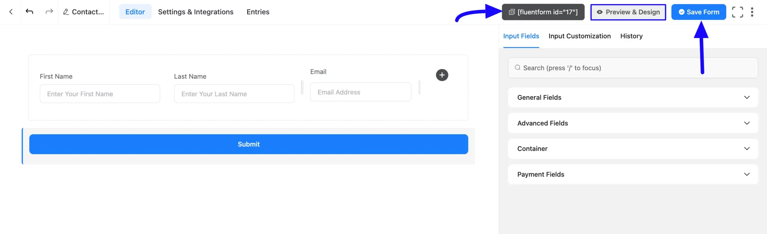 Save Button Container Fields
