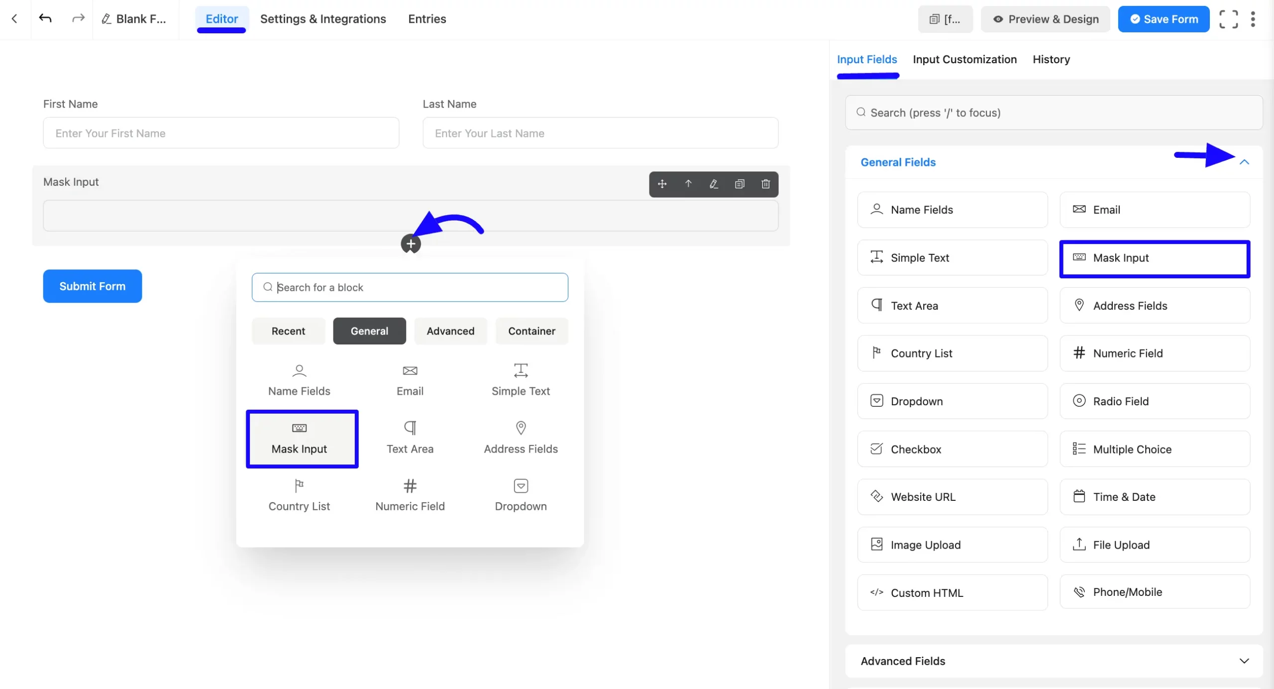 a Mask Input Field step