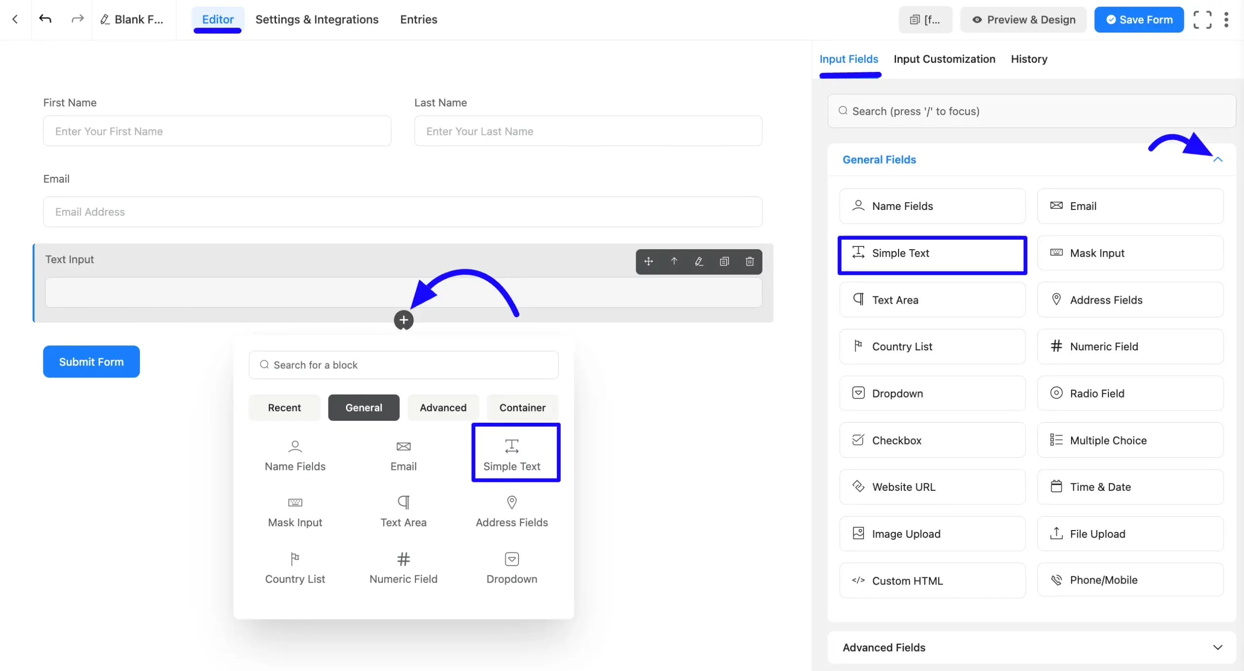 a Simple Text Input Field step