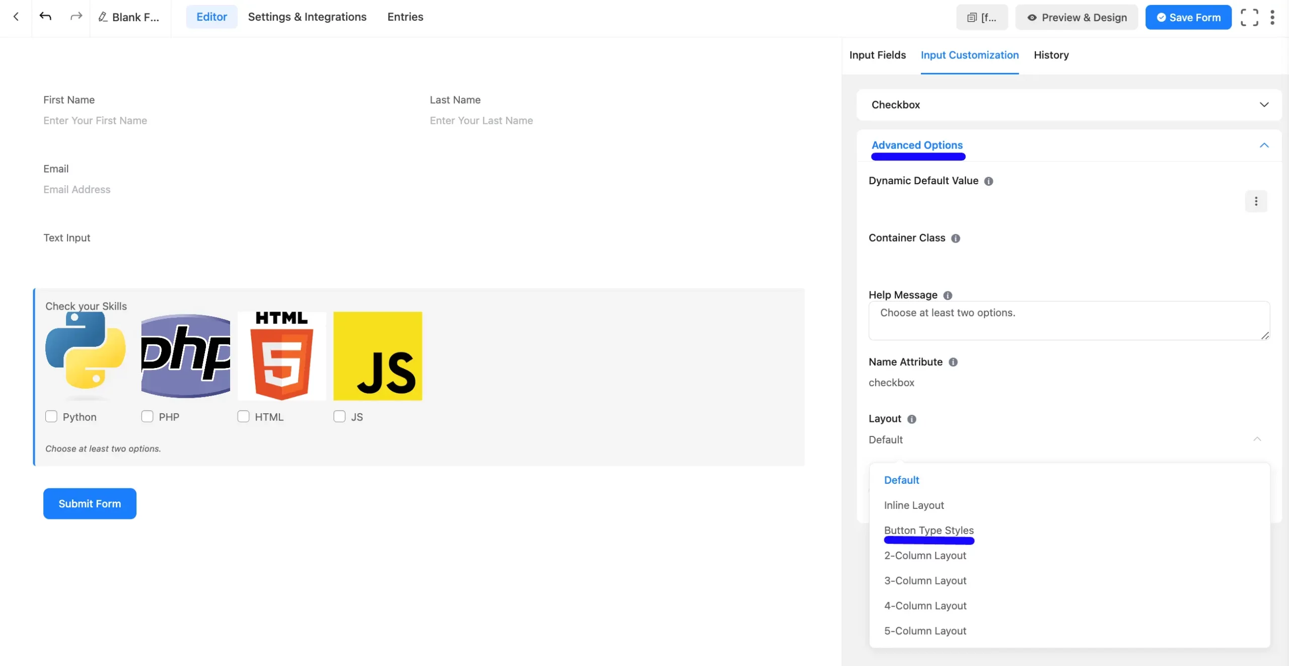 Button Layout Style CheckBox Field