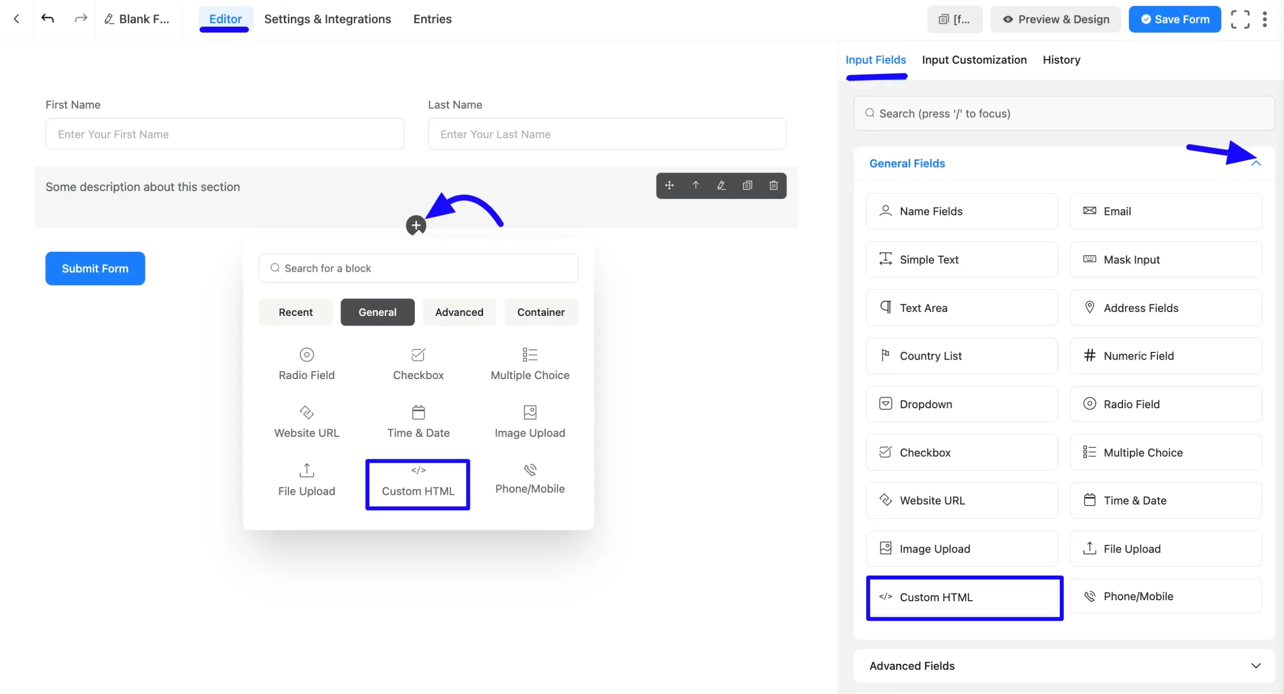 Custom HTML Field step