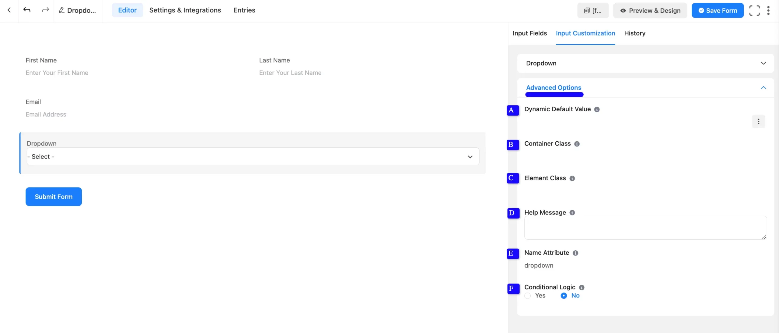 Dropdown advanced options