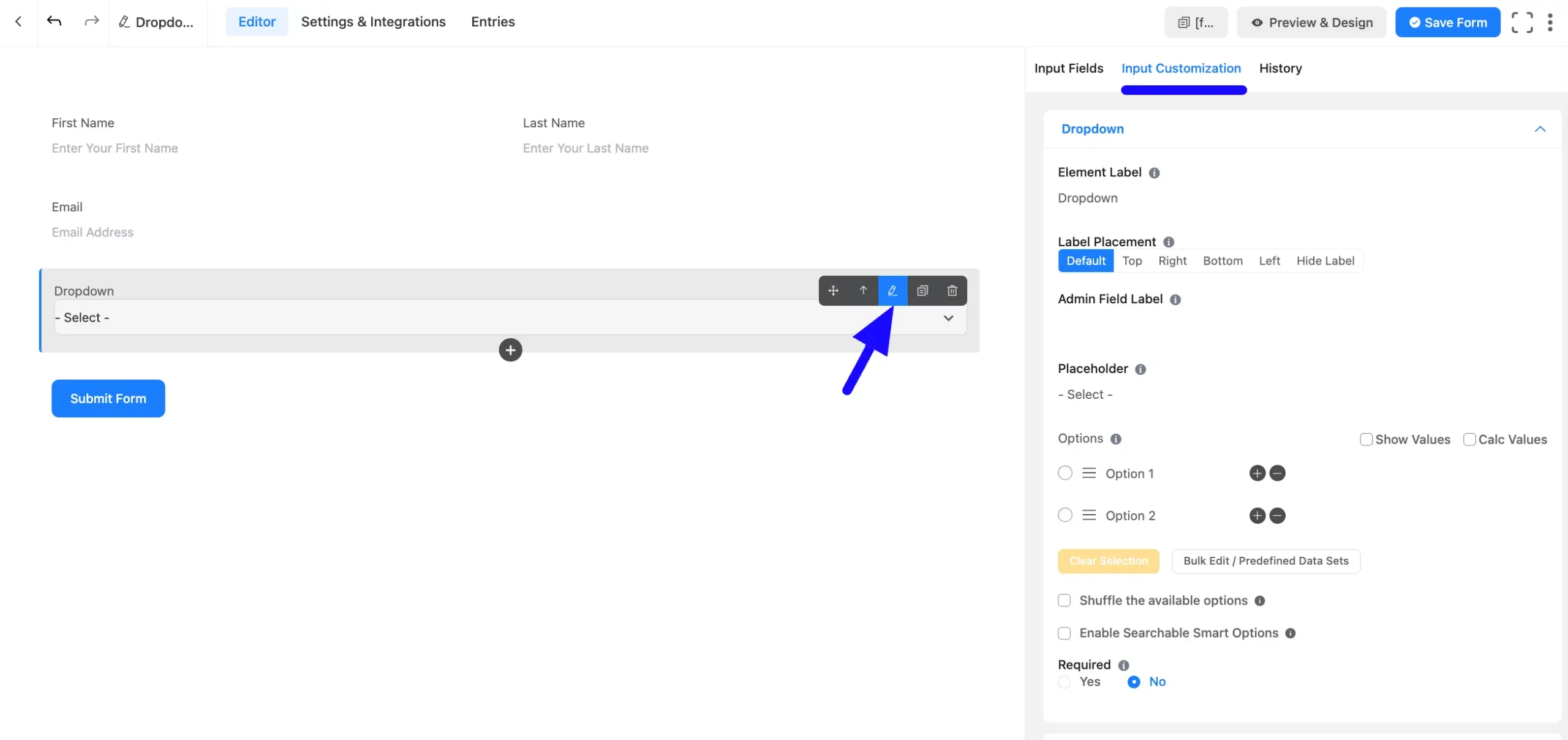 Dropdown field customization panel