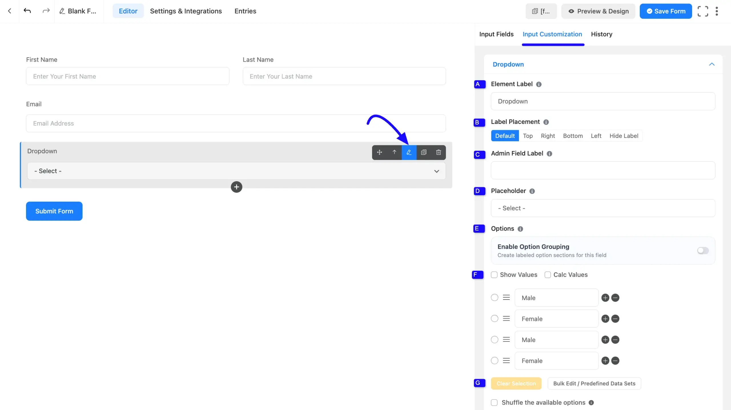 Dropdown field options settings