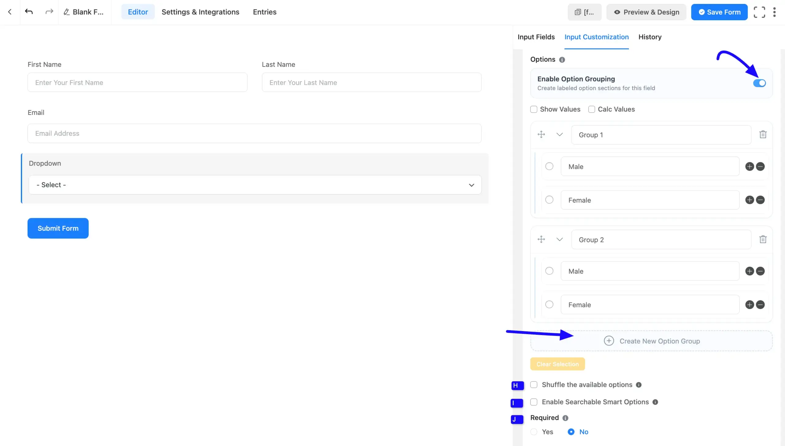 Dropdown option grouping settings