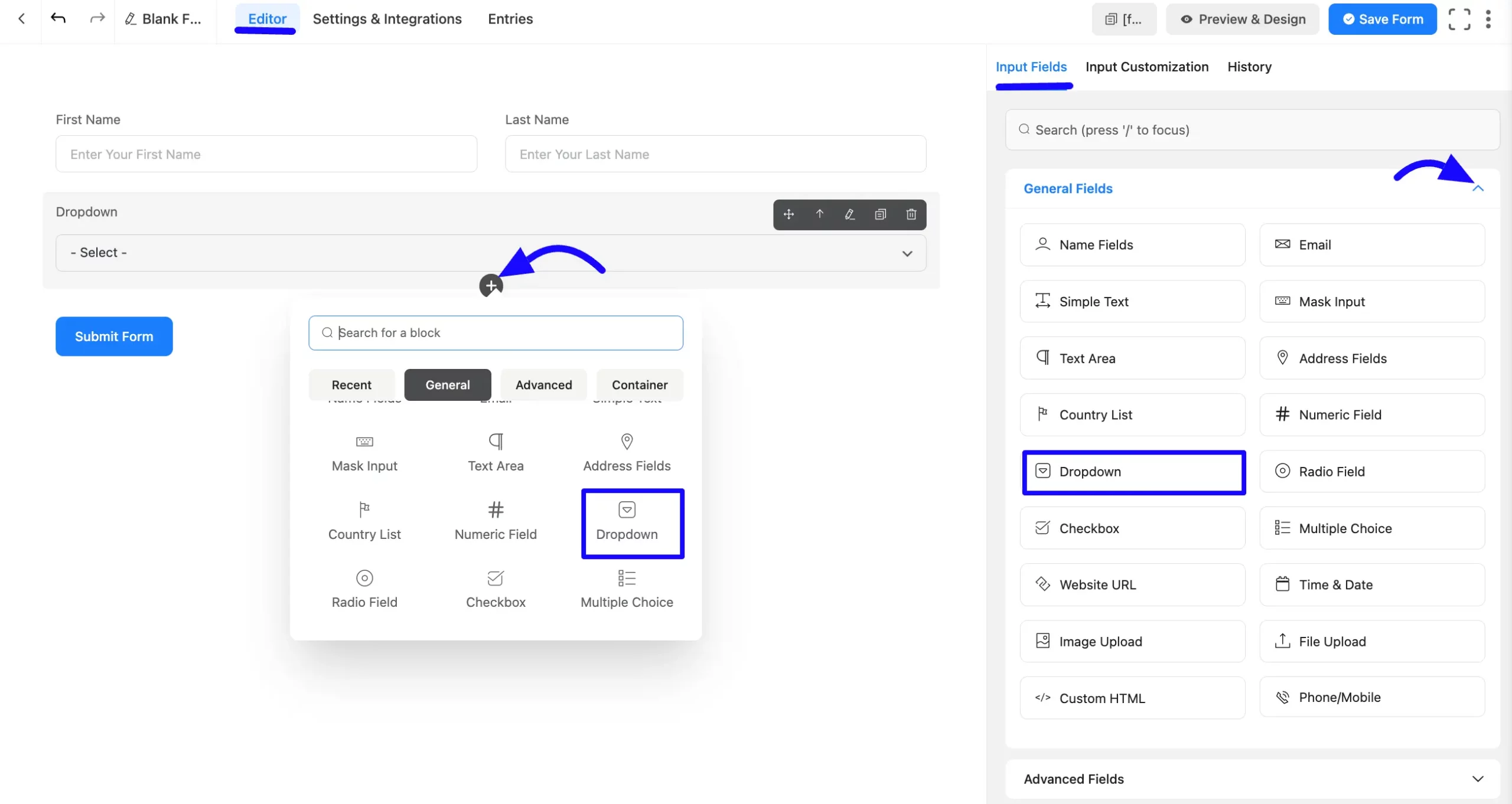 Add Dropdown field to the form