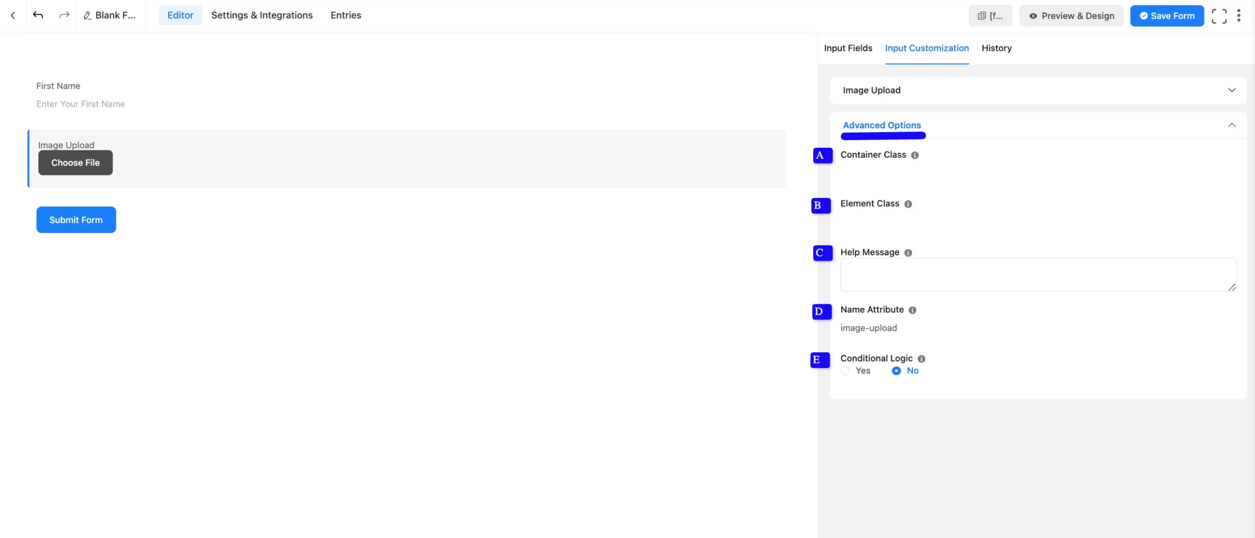 Image Upload advanced options