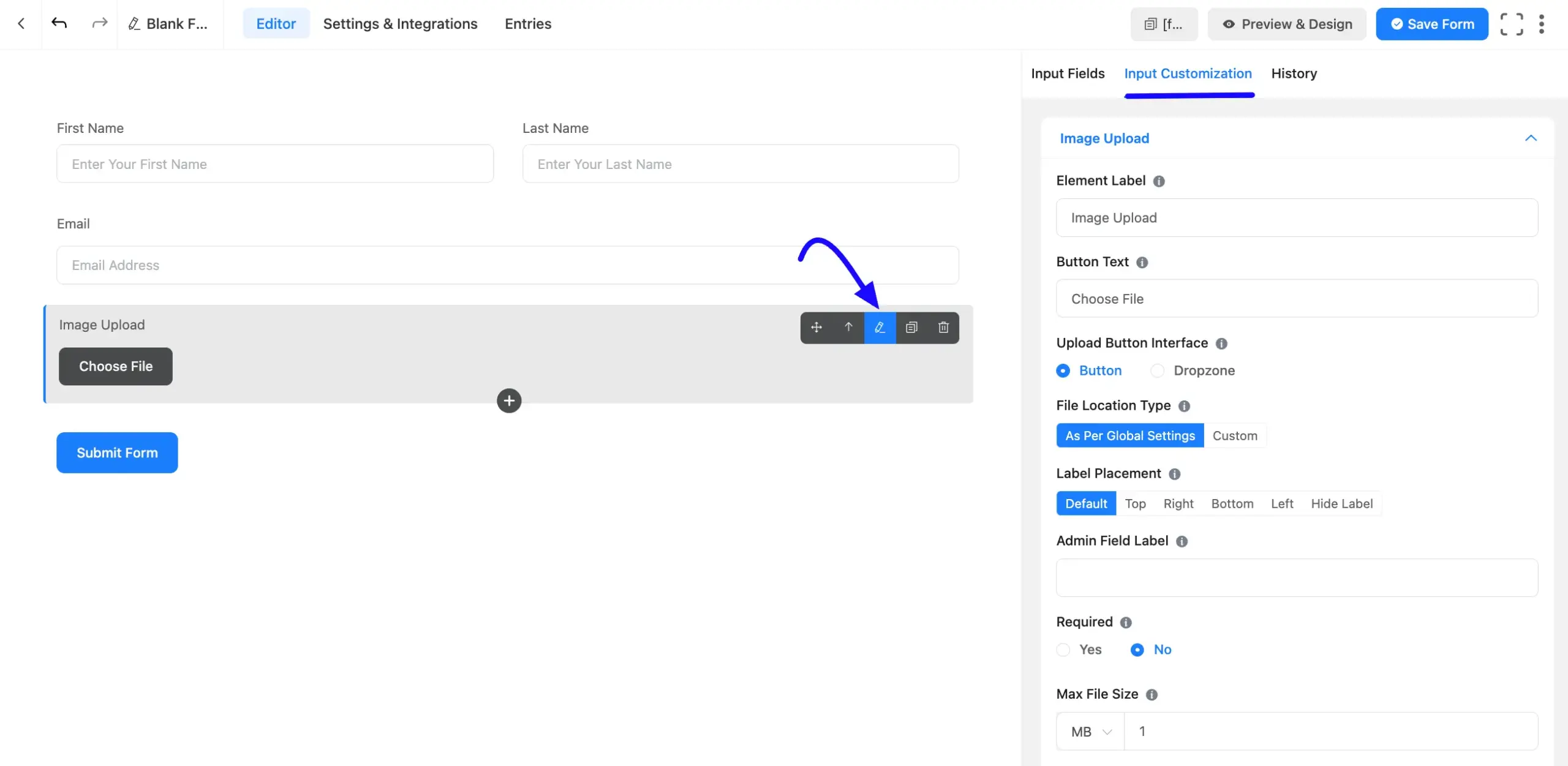 Image Upload field customization options