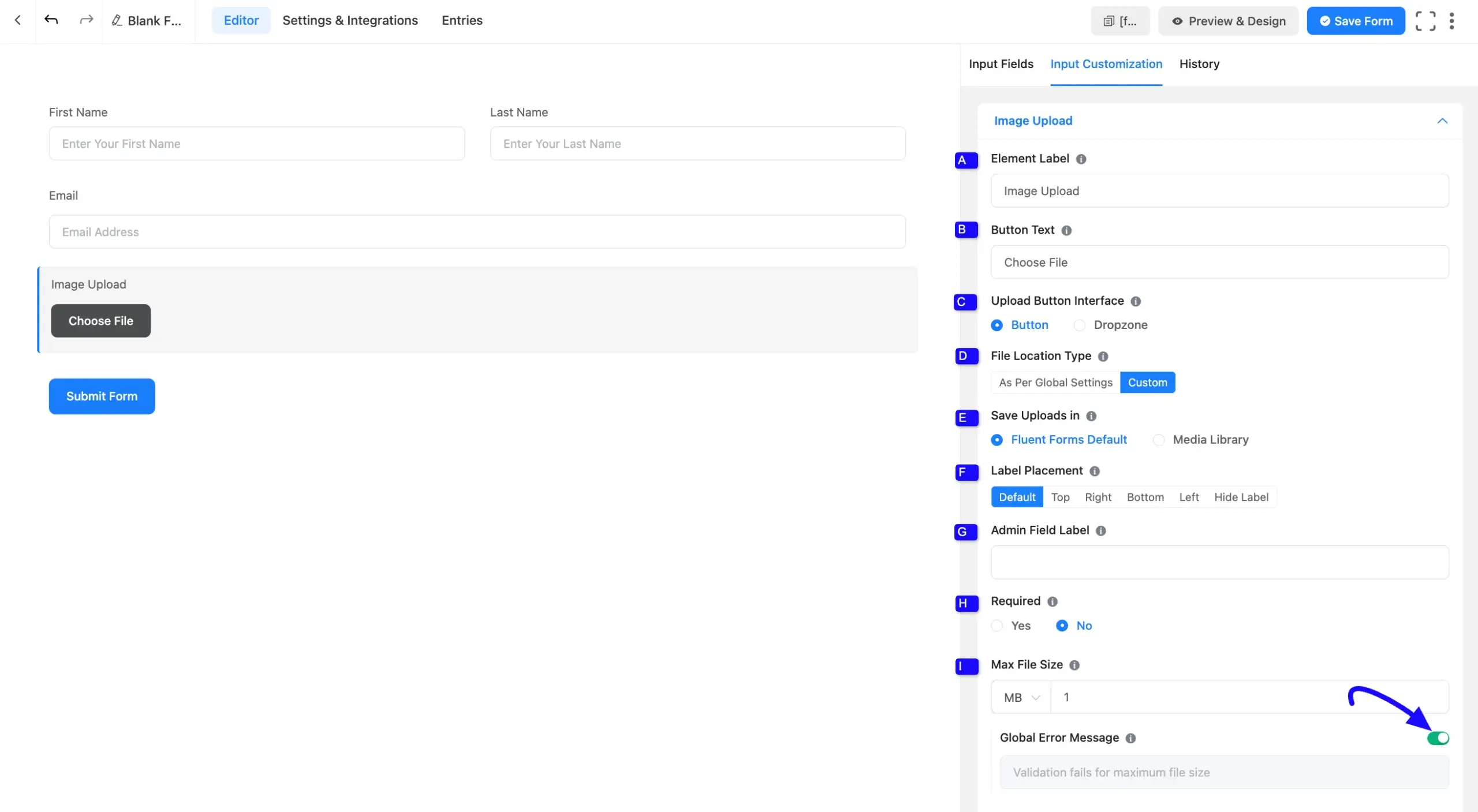 Image Upload field options