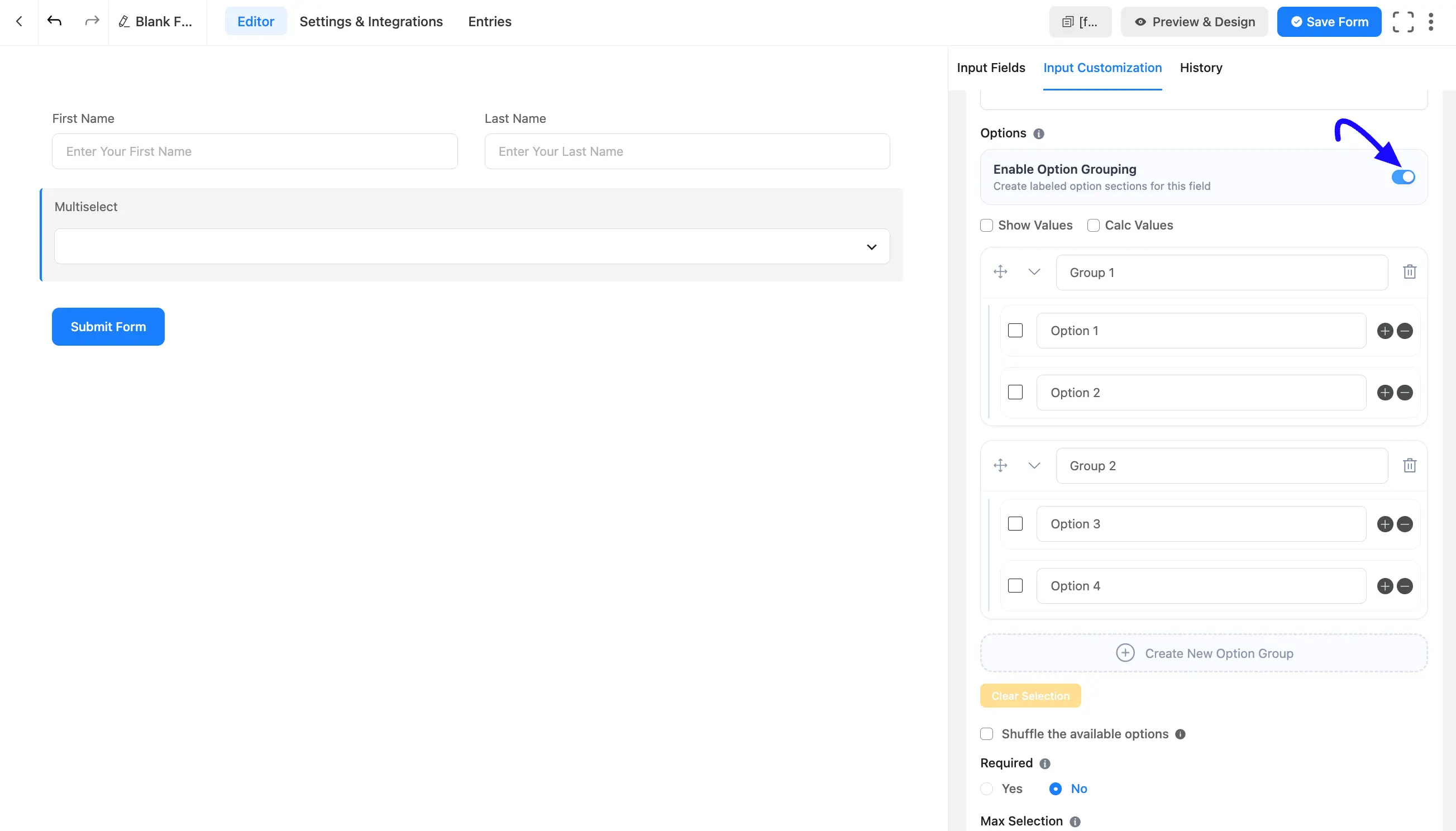 Enable Option Grouping