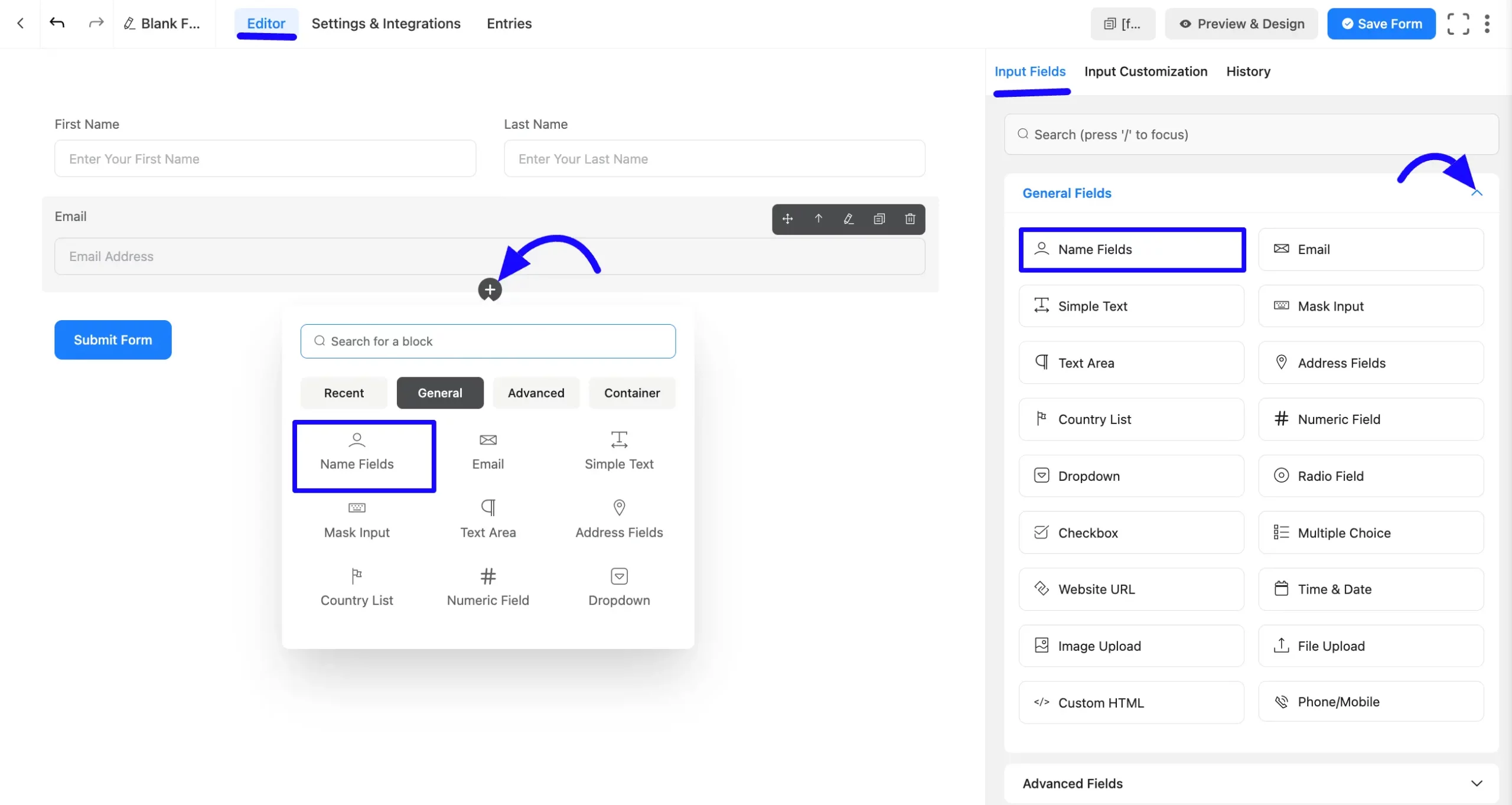 Name Input Field step