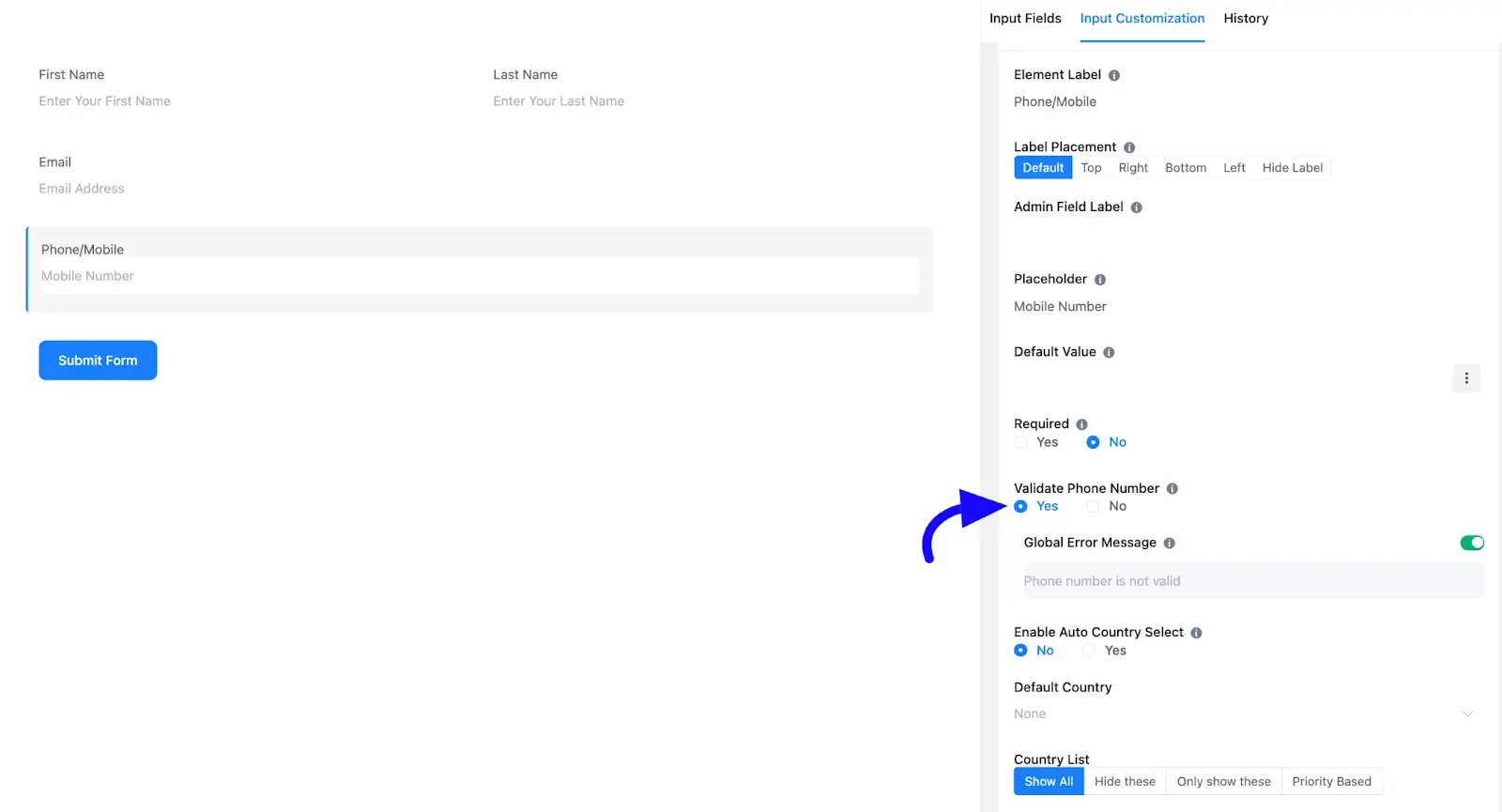 Phone/Mobile Input Field step