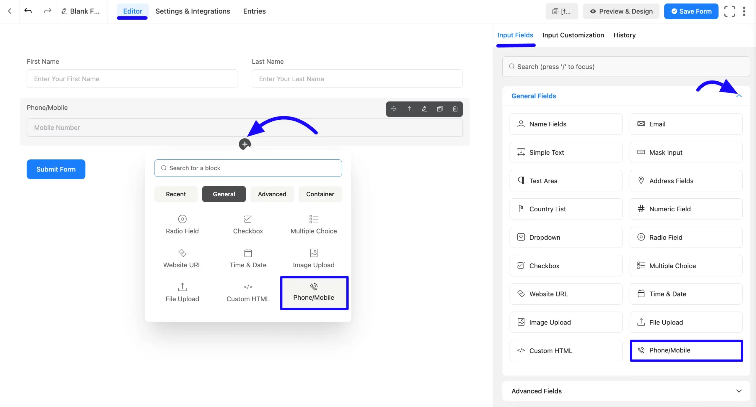 Phone/Mobile Input Field step