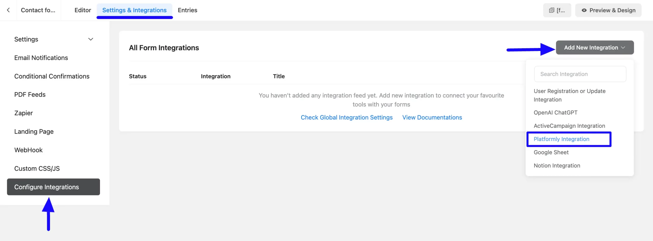 Add Integration Dropdown Integrate Platformly