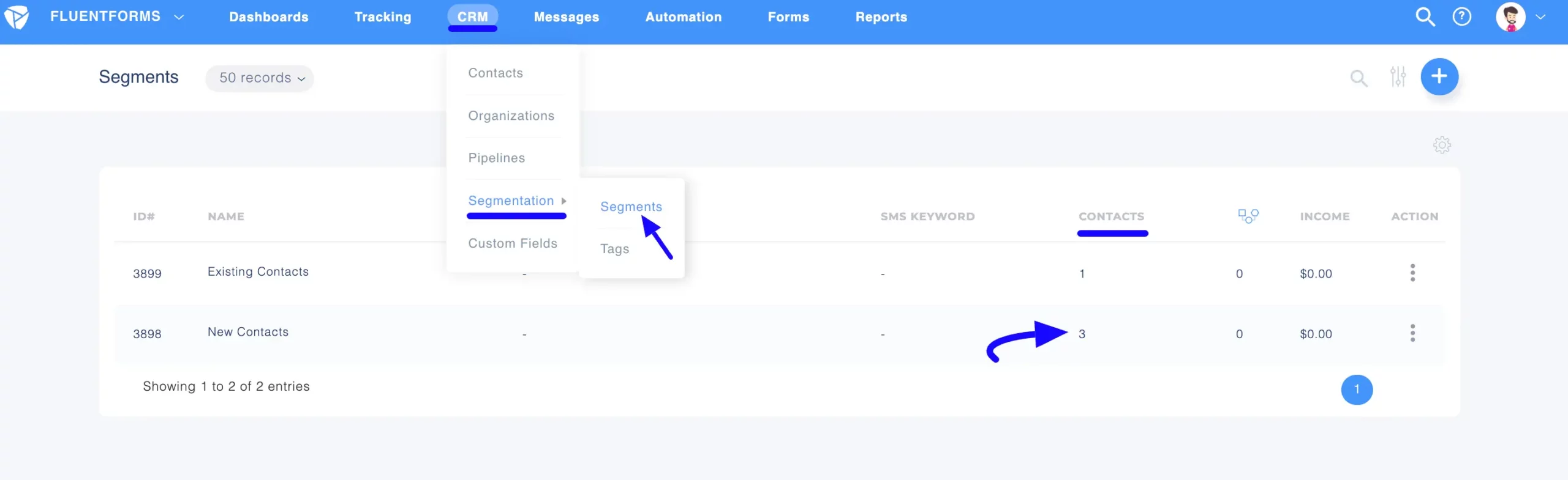 Added Contacts Under Selected Segment